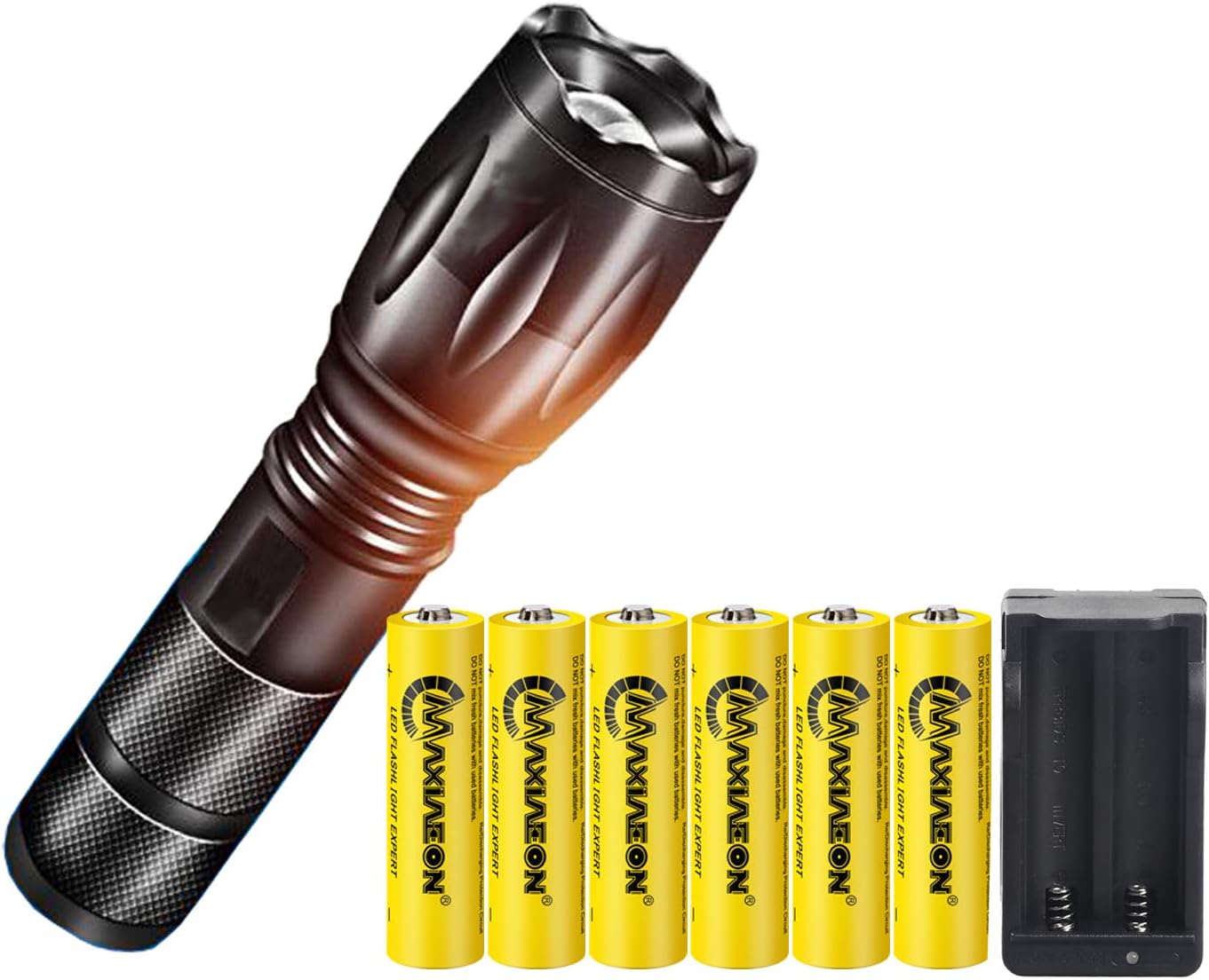Memonotry Super Bright 2000 Lumen 18650 Tactical Flashlight and 6PCS 3.7V High Capacity Rechargeable Battery+Batteries Charger,Zoomable, Water Resistant, 5 Modes Handheld Light