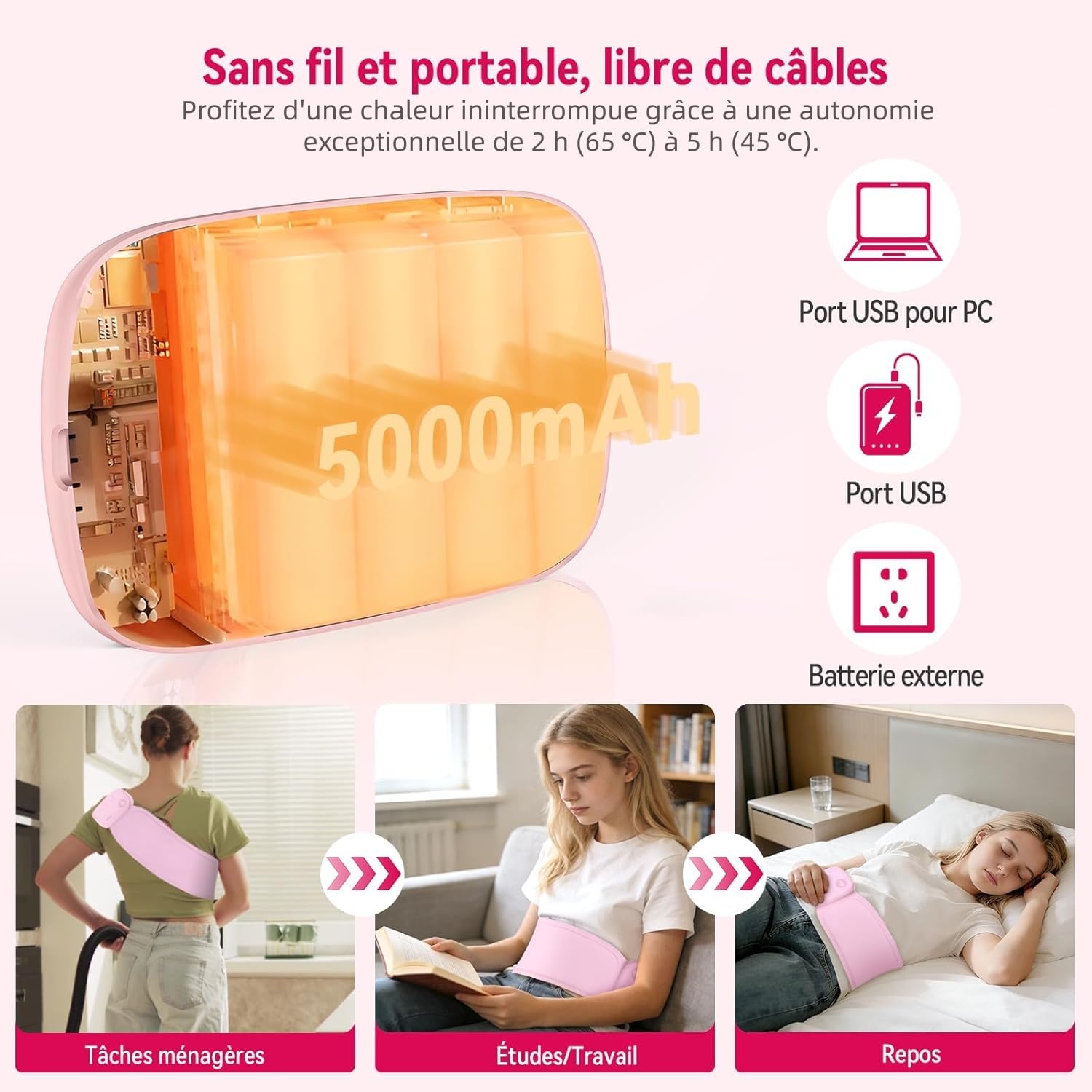 Coussin chauffant pour soulager les douleurs menstruelles, coussin chauffant portable rechargeable de 5000 mAh, grande surface chauffante douce de 400 cm², cadeau pour les femmes