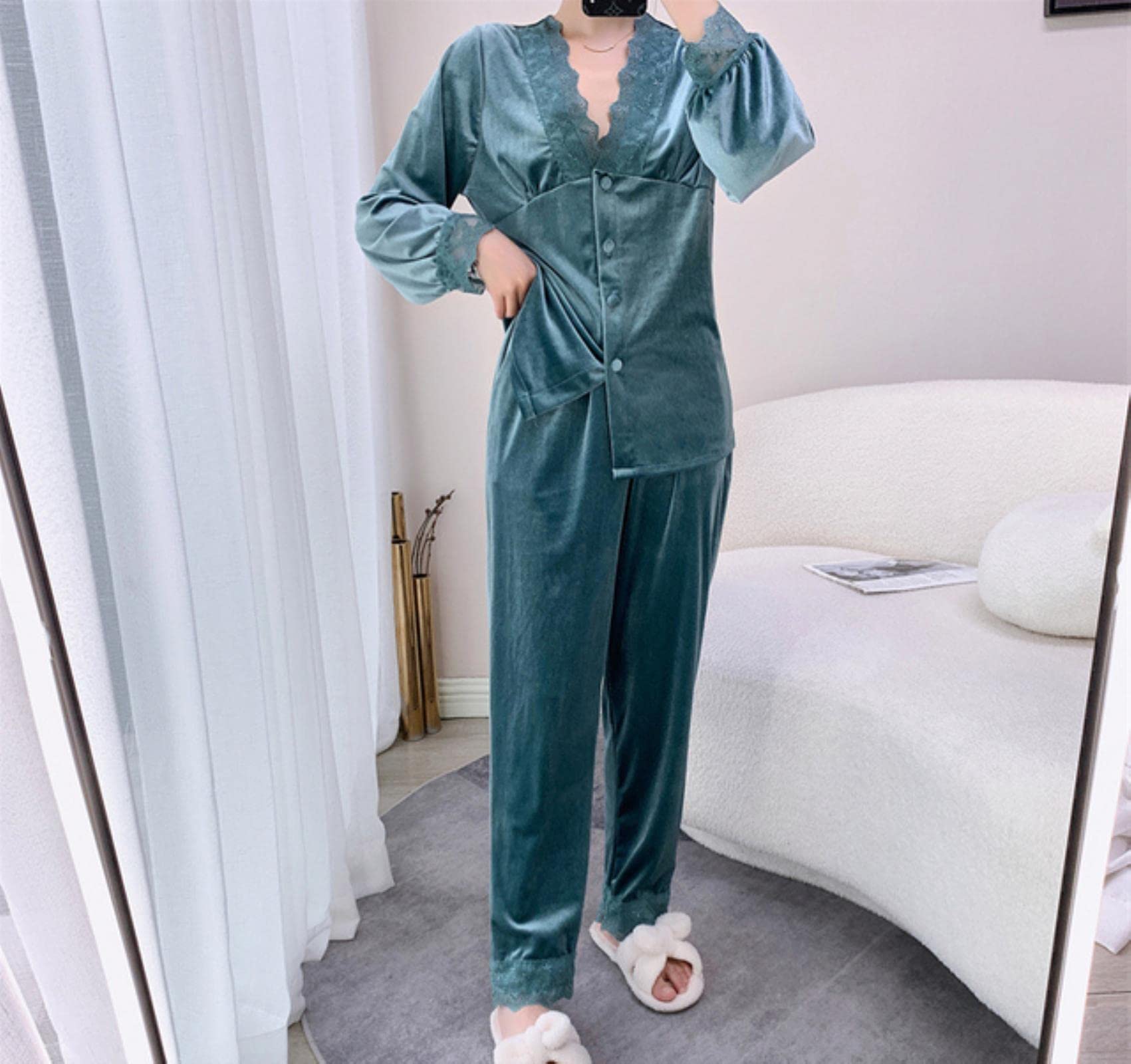 MOGSA Pijama para mujer, pijama de terciopelo sintético para otoño, invierno, ropa de dormir de manga larga, ropa de dormir suelta para el hogar, ropa de dormir con ribete de encaje