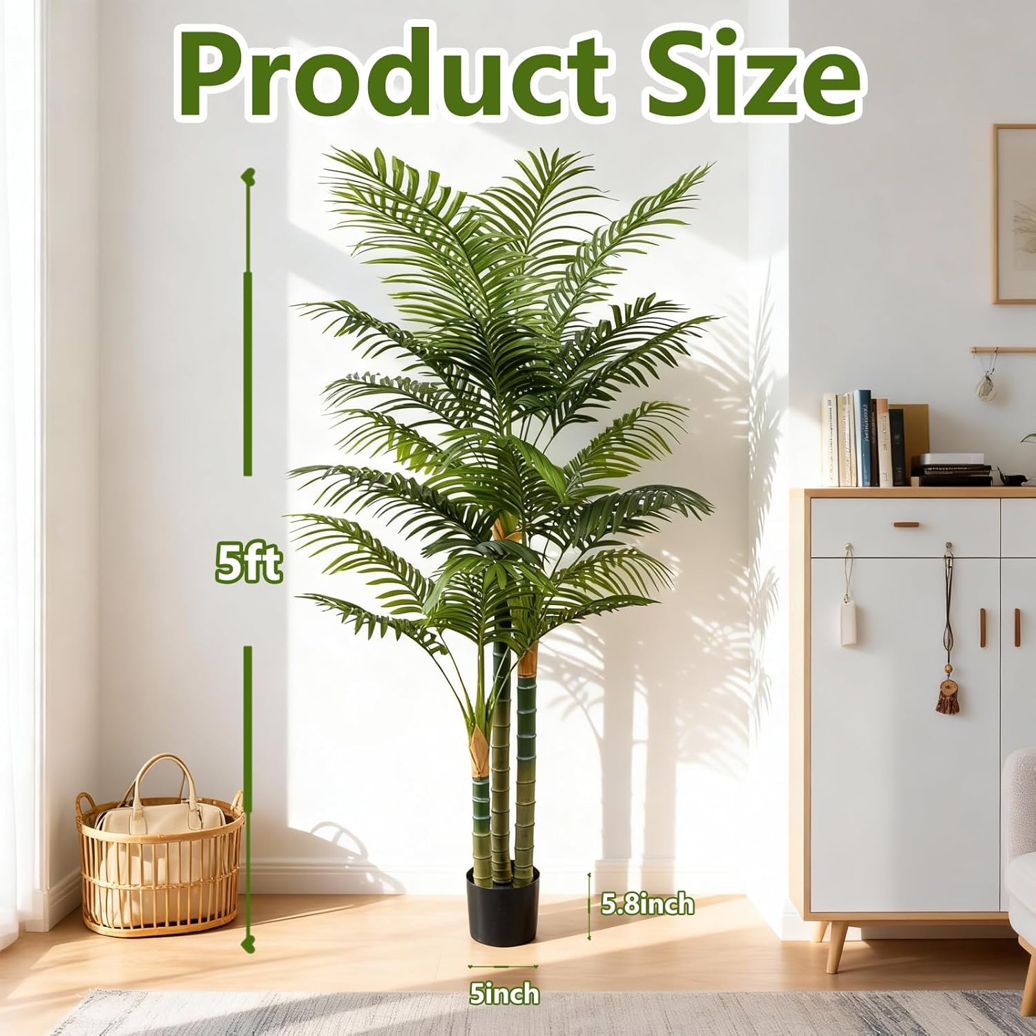 5FT Tall Golden Cane Artificial Palm Tree, Large Faux Palm Tree with 3 Textured Trunks, Outdoor Artificial Plants, Fake Tree for Indoor Office Living Room Outside Patio.