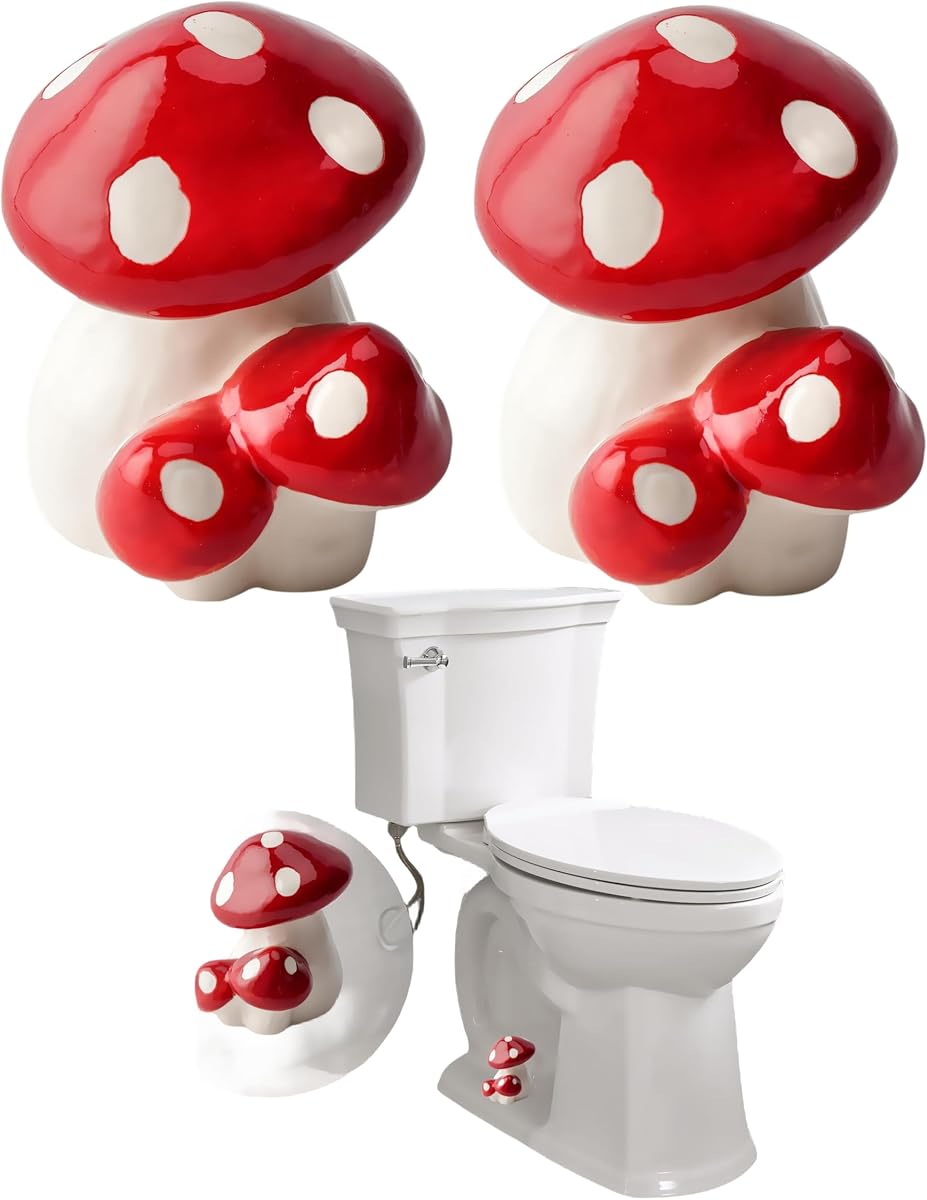 WANSHUNLMI Tapas para pernos de piso de inodoro con forma de seta roja, cubiertas altas de cerámica para pernos de inodoro, linda decoración de baño, fácil instalación, ajuste universal, no corte esos pernos (seta roja)