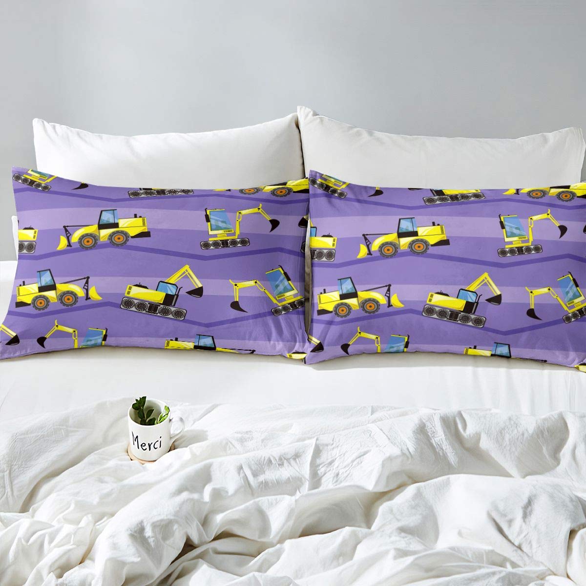 Set di biancheria da letto per escavatori, per veicoli e camion, per auto, con motivo cartoni animati, ideale per la camera dei bambini, per bambini, per la cameretta dei bambini, con 1 federa