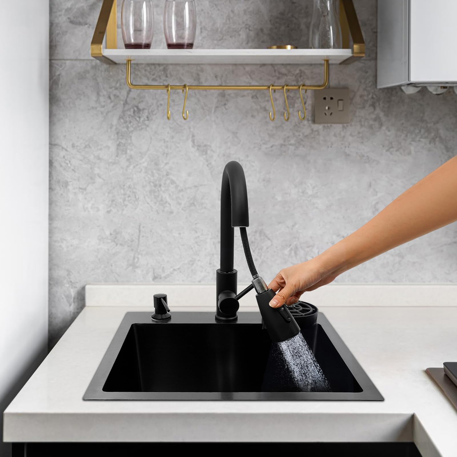 Lavello in acciaio inox nero con rubinetto estraibile e lavastoviglie per tazze, set di lavello multifunzione, 42 x 37 x 20 cm