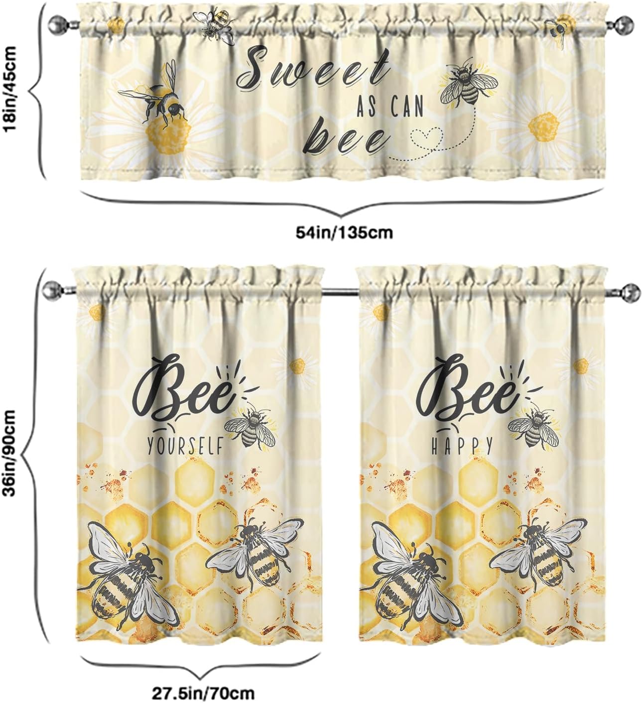 Bee Kitchen Curtains Valances and Tiers Set for Windows, Bathroom Window Curtain Valance 3 Piece Sets for Animal Lovers,Kitchen Decor for Living Room,54"x 36"