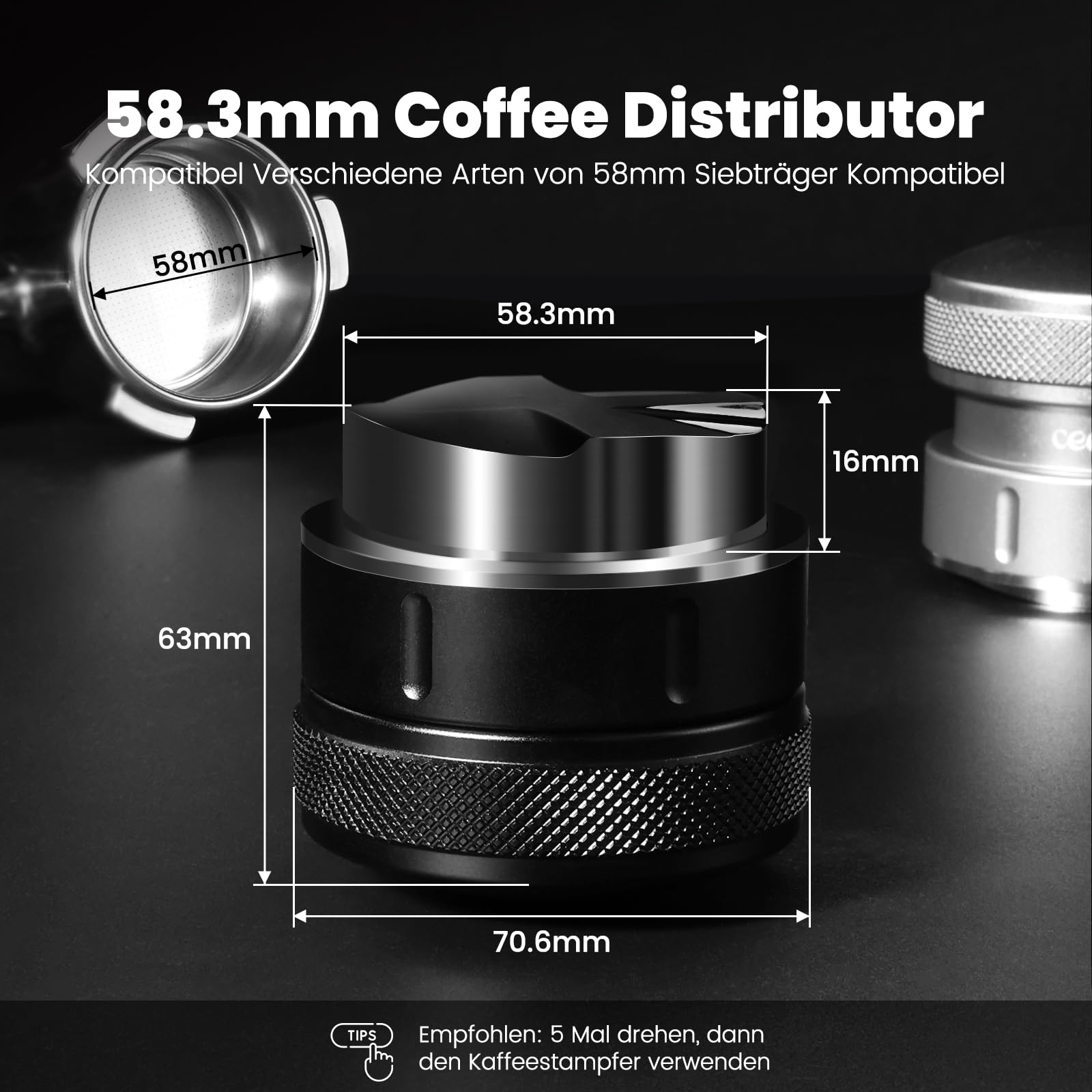 Espresso Distributor 58mm, Schwerkraft Espresso Leveler für 58mm Kaffee Siebträger, Coffee Distributor für Barista, 304 Edelstahl Basis, 4-Klingen-Basis, Schwarz
