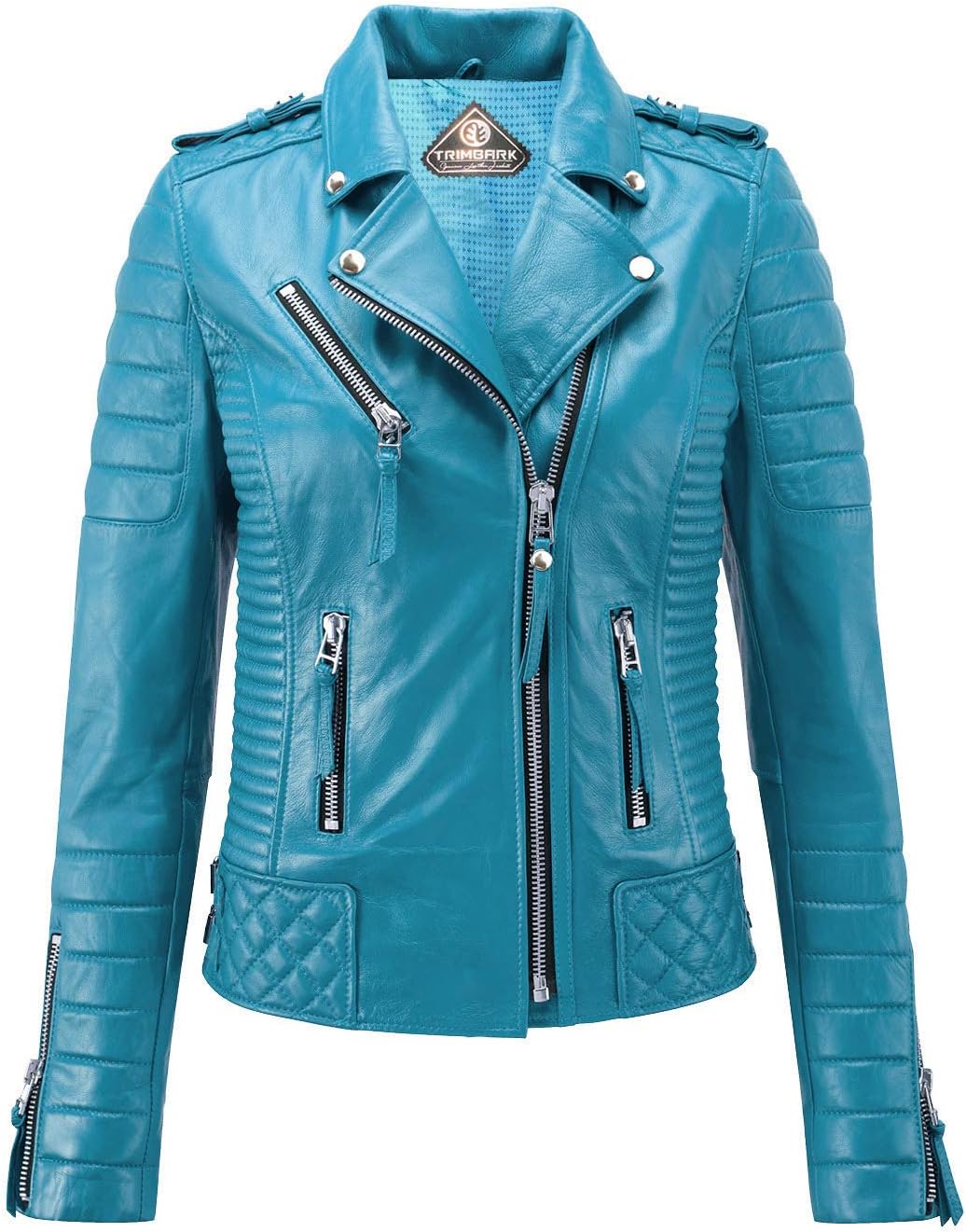 Trimbark Women's Motorcycle Cafe Racer Genuine Leather Jacket Turquoise