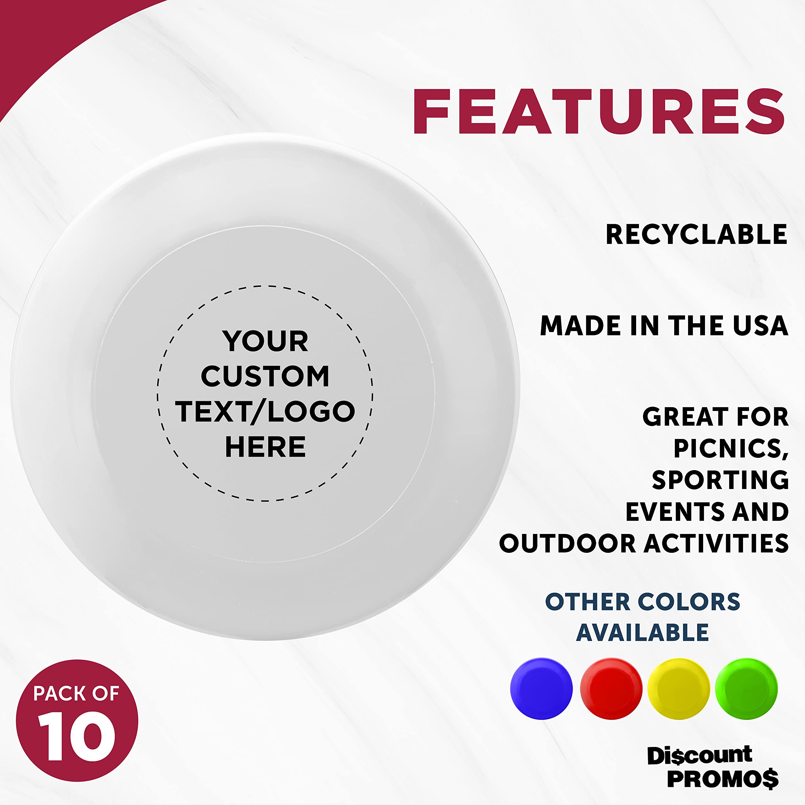 DISCOUNT PROMOS Custom Frisbees 9.25 inch. Set of 10, Personalized Bulk Pack - Fun Outdoor Games for Adults and Family - White