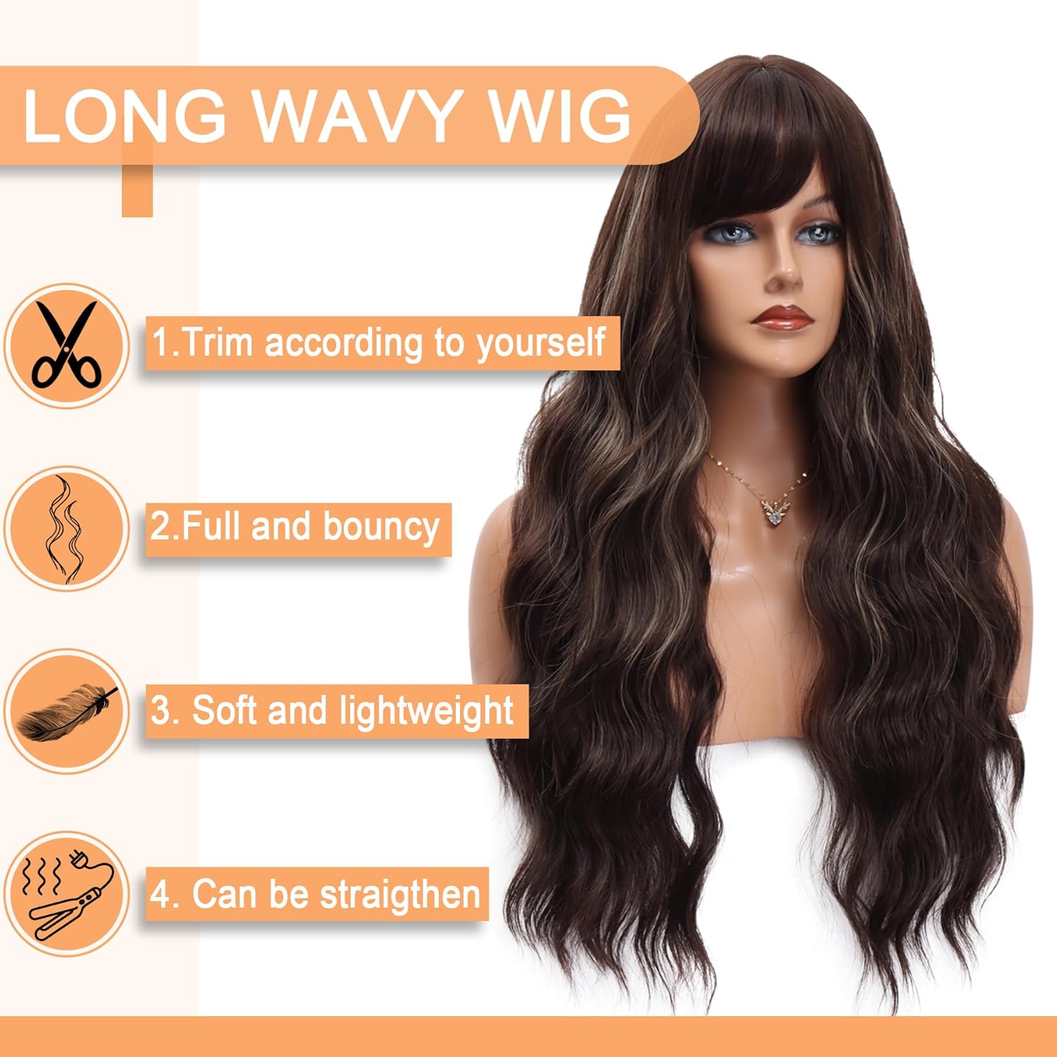 Vomella Brown Wig With Bangs 26 Inch Long Curly Wavy Wigs with Highlights Natural Curly Wig for Women Synthetic Wigs for Daily Party Use - Image 2