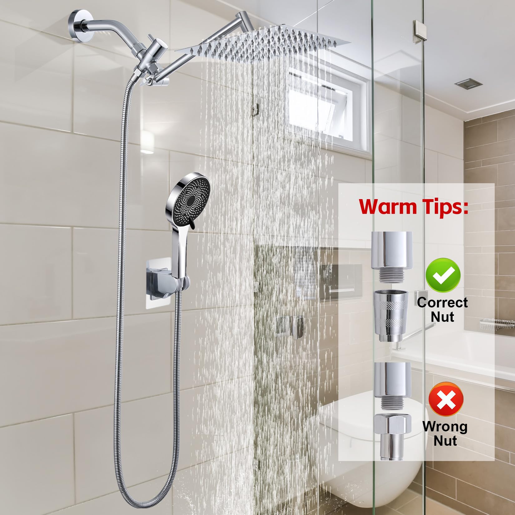 Cabezal de ducha, cabezal de ducha de lluvia de 8 pulgadas con rociador de mano con brazo de extensión ajustable de ángulo de 11 pulgadas, regulador de flujo/sistema de ducha, cabezal de ducha de