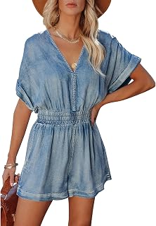 Women's Vintage V Neck Short Denim Jumpsuits Short Sleeve Distressed Summer Wide Leg Jean Jumpsuit Rompers Pockets