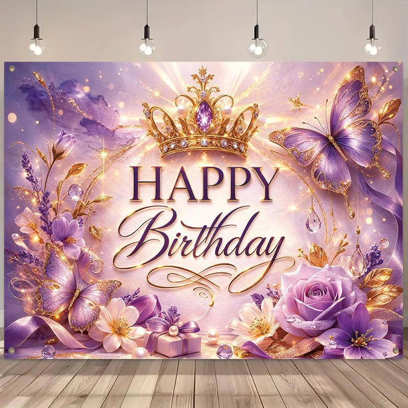 Happy Birthday Banner Purple Butterfly Crown Theme 71 x 43 Inch Elegant Birthday Party Decoration Backdrop Wall Hanging Polyester Banner Indoor Covered Outdoor Display