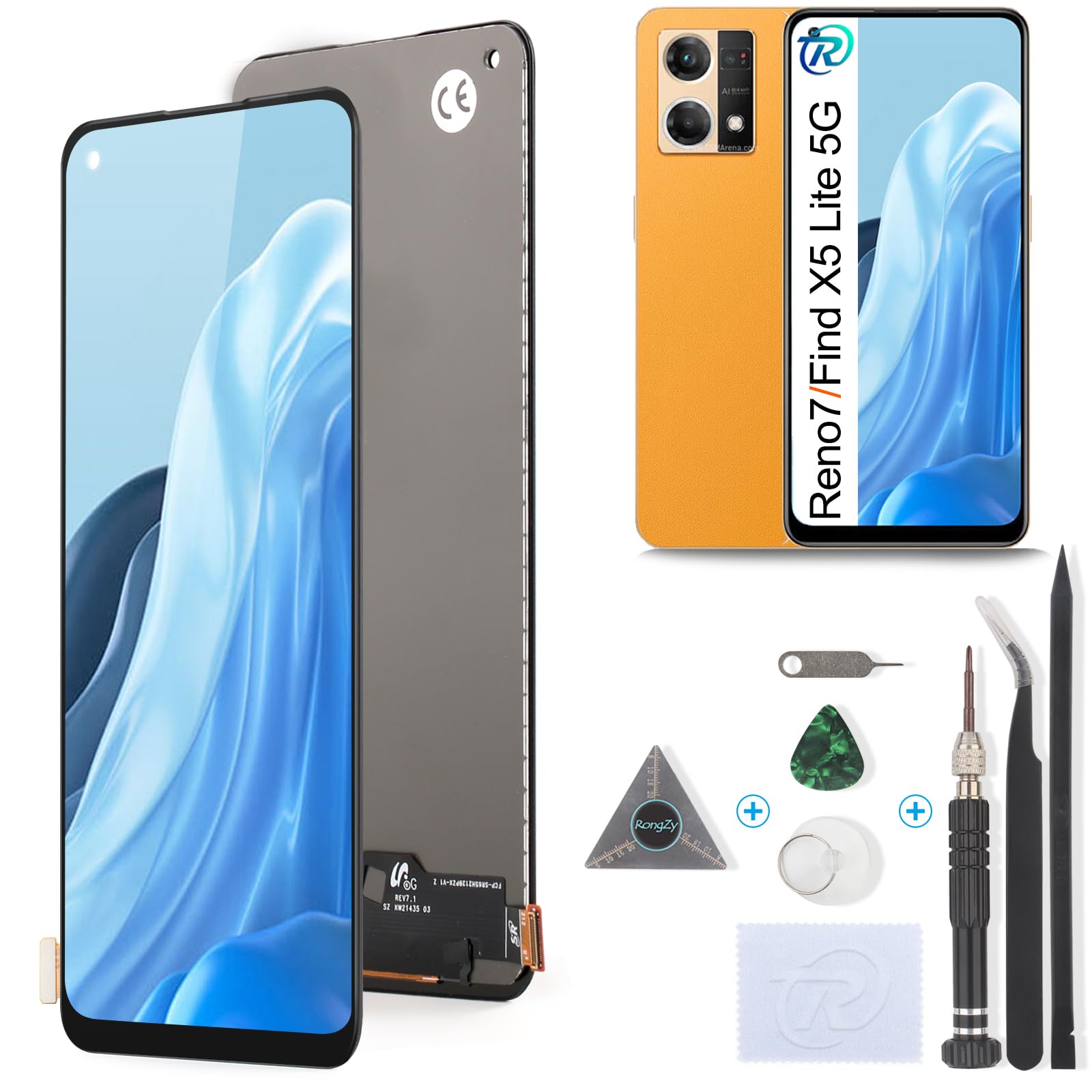 RongZy Schermo LCD per Oppo Reno7 4G e 5G CPH2371 CPH2363/Find X5 Lite 5G 2022 Sostituzione Display Digitizer Assembly Vetro di Ricambio Touch Screen con Strumenti(6.43",Nero)