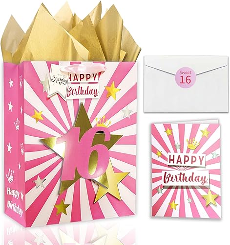 Miniatura 8 de Bolsa de regalo de cumpleaños número 13 con papel de seda, bolsa de regalo de cumpleaños rosa de 13 pulgadas con tarjeta y papel de seda, regalos de