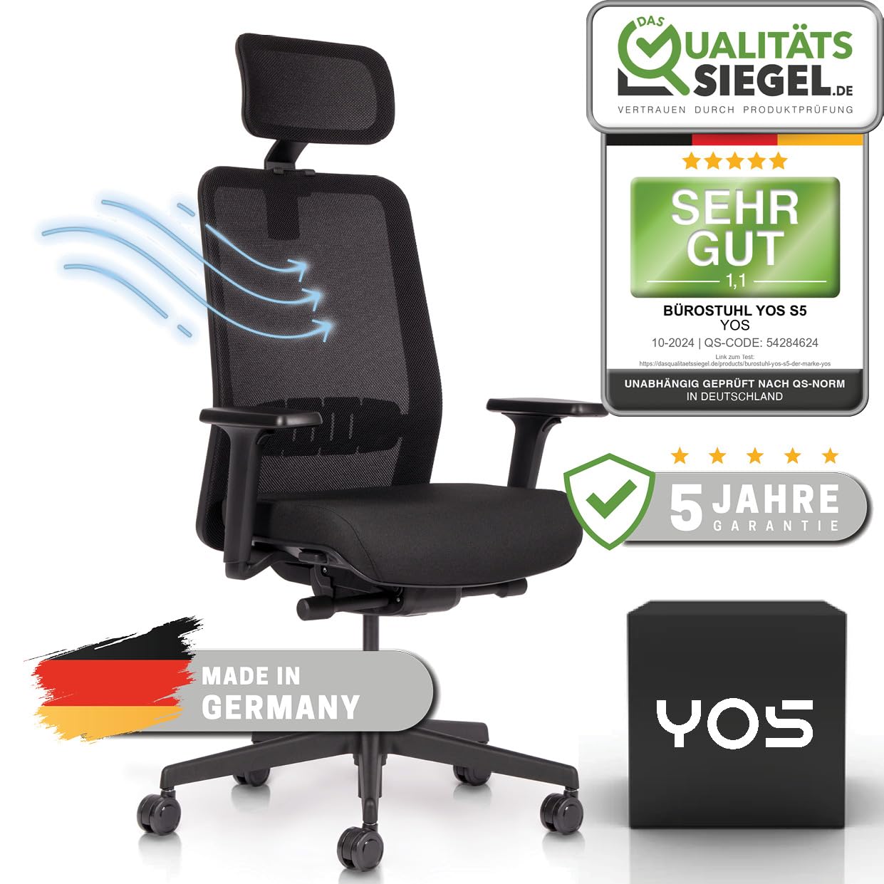 YOS S5 ergonomischer Bürostuhl mit Kopfstütze, Schreibtischstuhl | Netzrücken, Lordosenstütze, Kopfstütze, 150 kg Belastbarkeit – Made in Germany