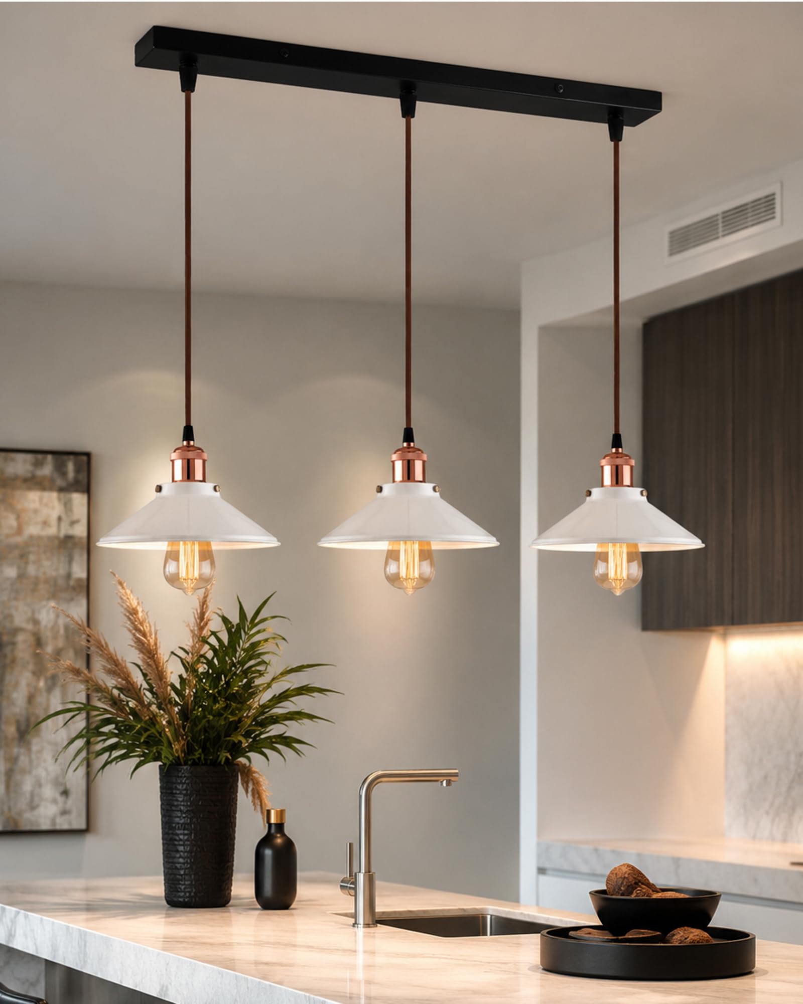 Homesake 3-Lights Linear White Cone Shade Cluster Chandelier Hanging Lights- Home Decor Items - Rose Gold-image-12