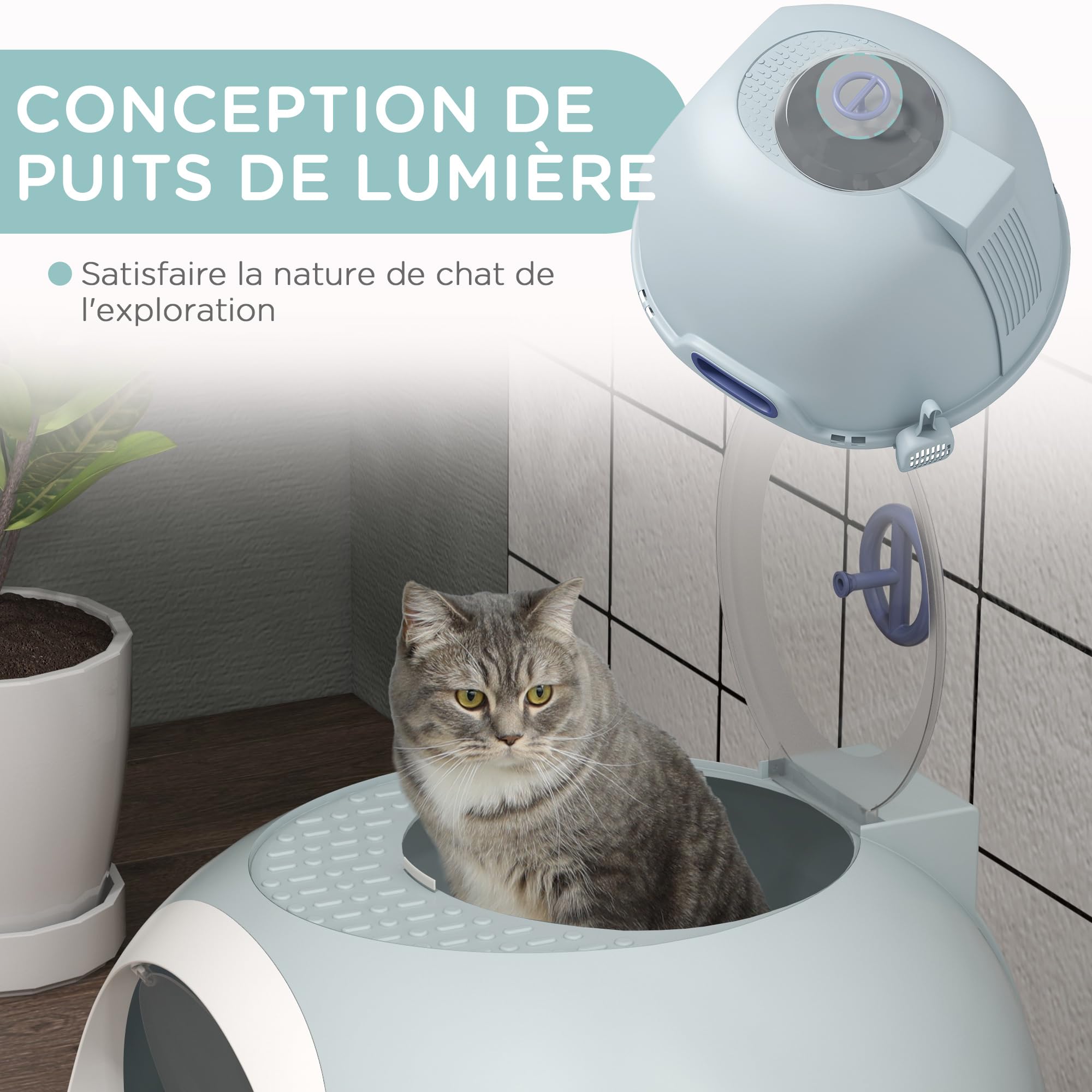 PawHut Bac à litière pour Chat Maison de Toilette Portable pour Chat tiroir à litière Coulissant Porte battante Lucarne + Pelle fournis dim. 47L x 55l x 44H cm Bleu