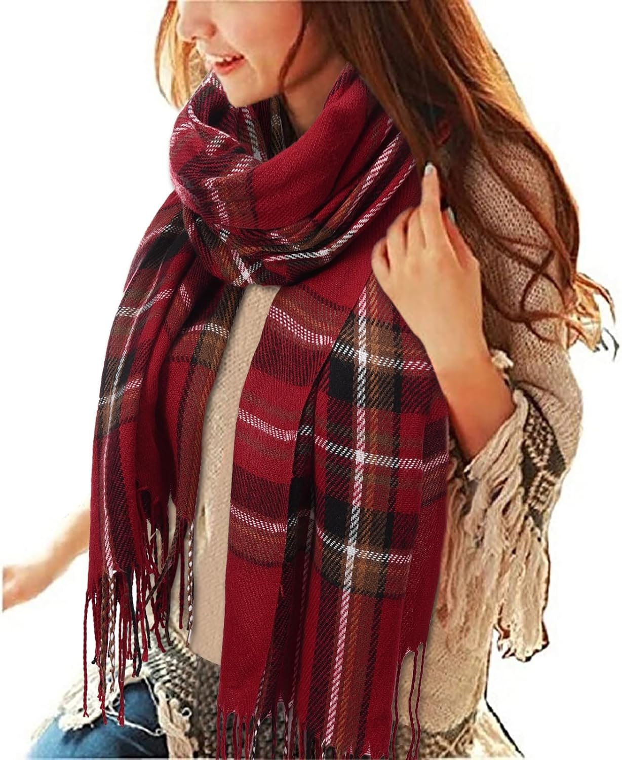 Écharpe Châle Femme Carreaux Écharpe D'hiver Plaid En Laine Acrylique Foulard Long Chaude Vogue En Automne/Hiver Cape Souple,Brown-200 * 70cm
