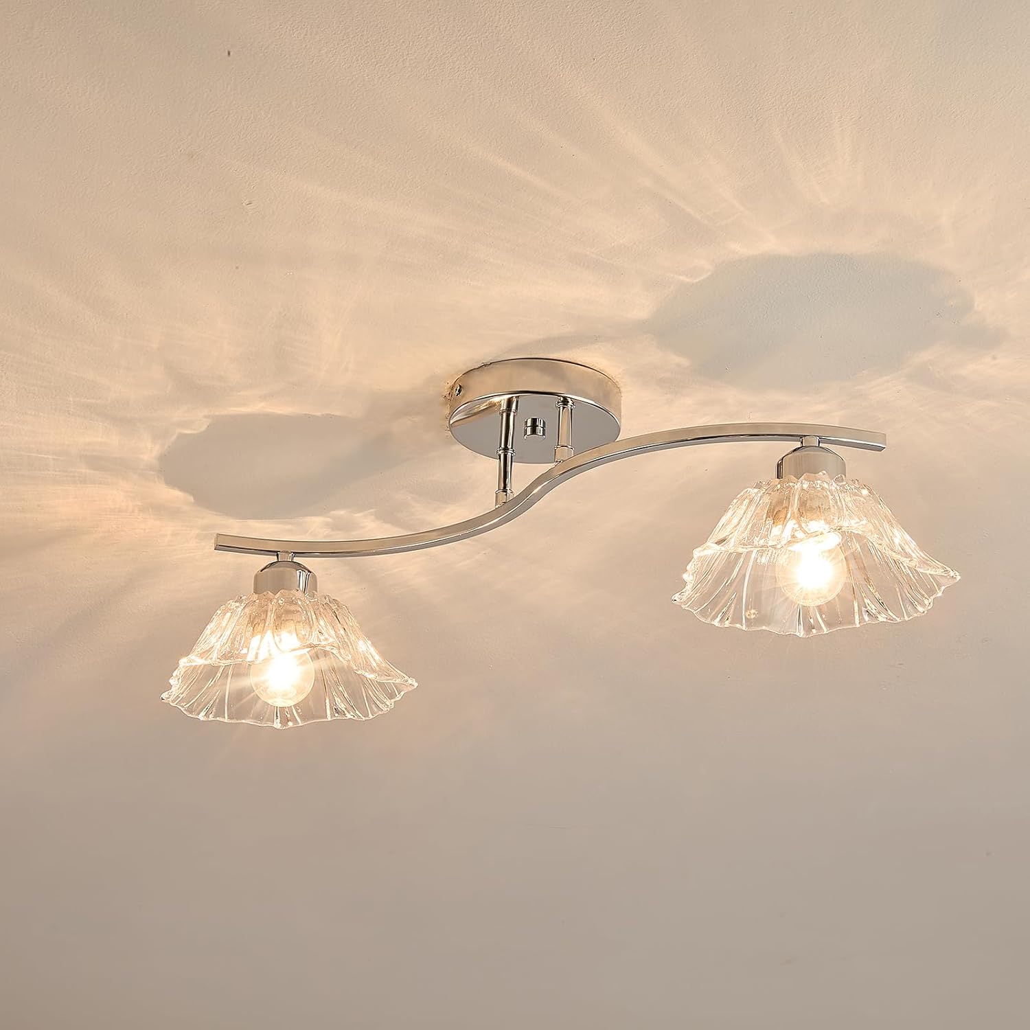 Semi Flush Mount Ceiling Light Fixture,3 Lights Modern Glass Shade Chandelier, Mini Ceiling Fixture for Entryway, Kitchen, Bedroom, Silver