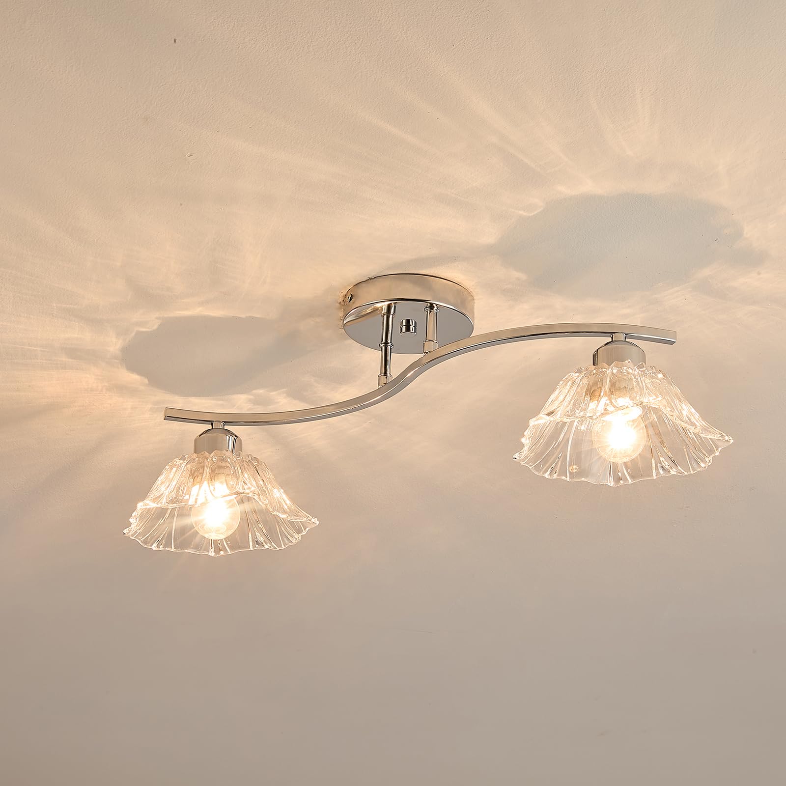 ALYRTESPL Glass Ceiling Light, Flower Shade Lighting Fixture for Hallway, Kitchen, Dining Room, Bedroom (2 Lights Silver)