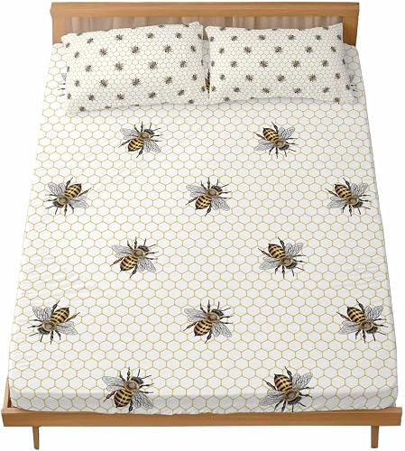 Queen Sheet Set Bee Hive Bed Sheets Set with 16 Inch Deep Pockets Spring Pastora