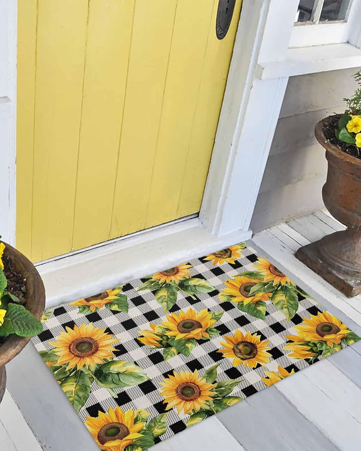 YOKOU ドアマット バスラグ 夏 ヒマワリ ブラック 格子縞 ノンスリップ フロアマット クイック吸水 ドアラグ 浴室/寝室用
