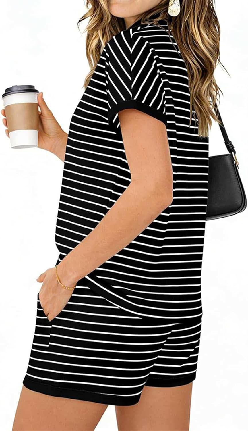 2 Piece Lounge Sets for Women Summer Striped V Neck Shirt Matching Short Sets Casual Vacation Airport Outfits 2026