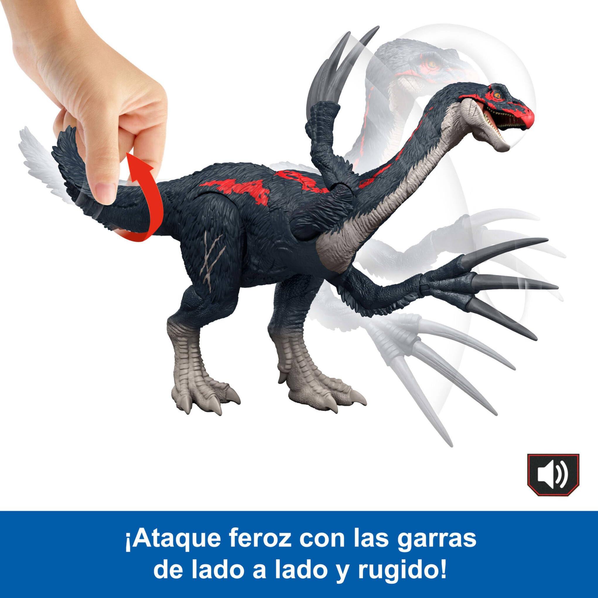 Mattel Jurassic World Teoría del Dinocaos Slash N Roar Tericinosaurio Figura de acción de dinosaurio de juguete con sonido y garras de ataque, juego digital, JCG17