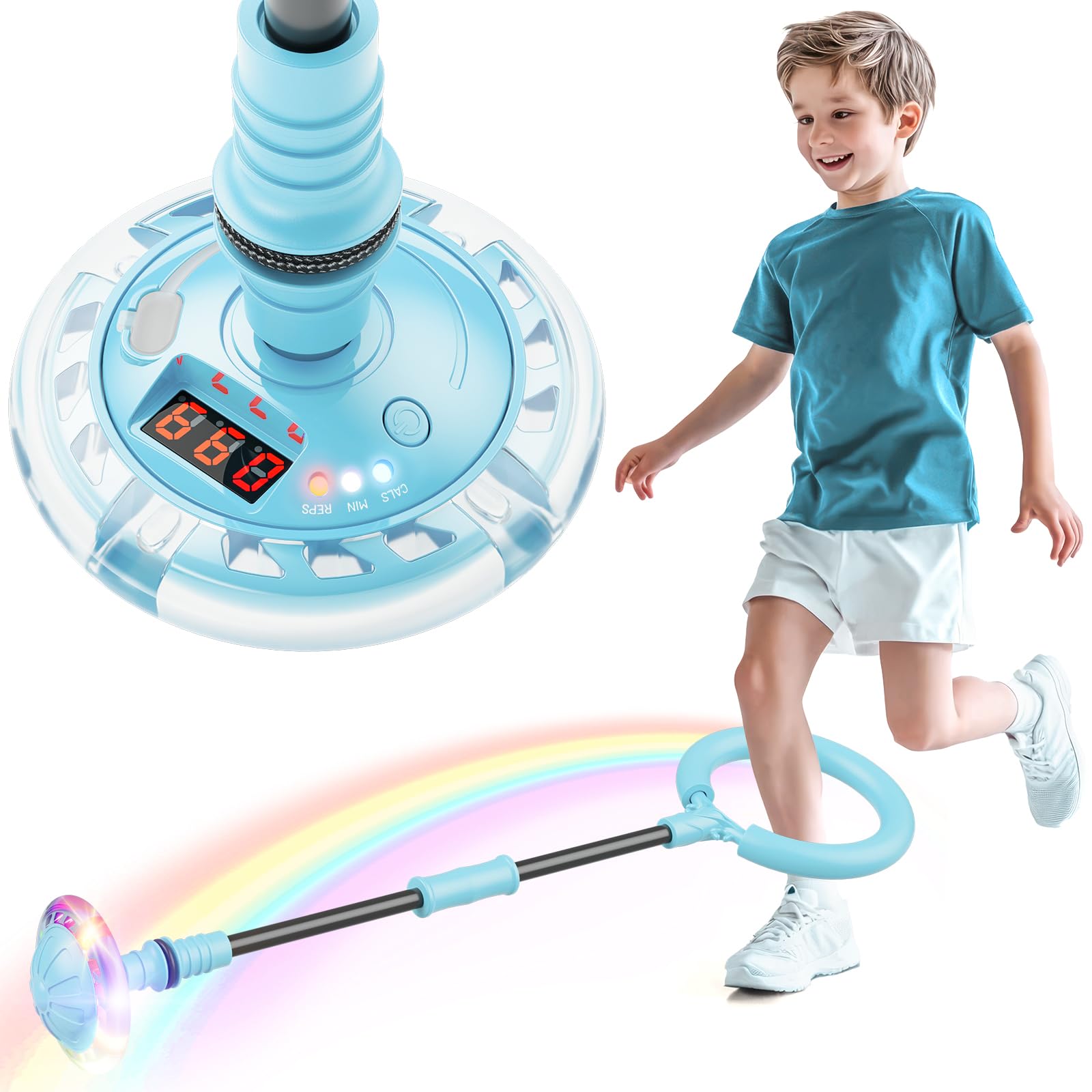 Hot Bee Cheville Skip Ball Anneau de Saut d'obstacle Clignotant pour Enfants avec Compteur, minuterie, Compteur de Calories, Jouet Cadeau pour Filles de 6, 7, 8, 9, 10, 11 Ans Rechargeable Bleu Ciel