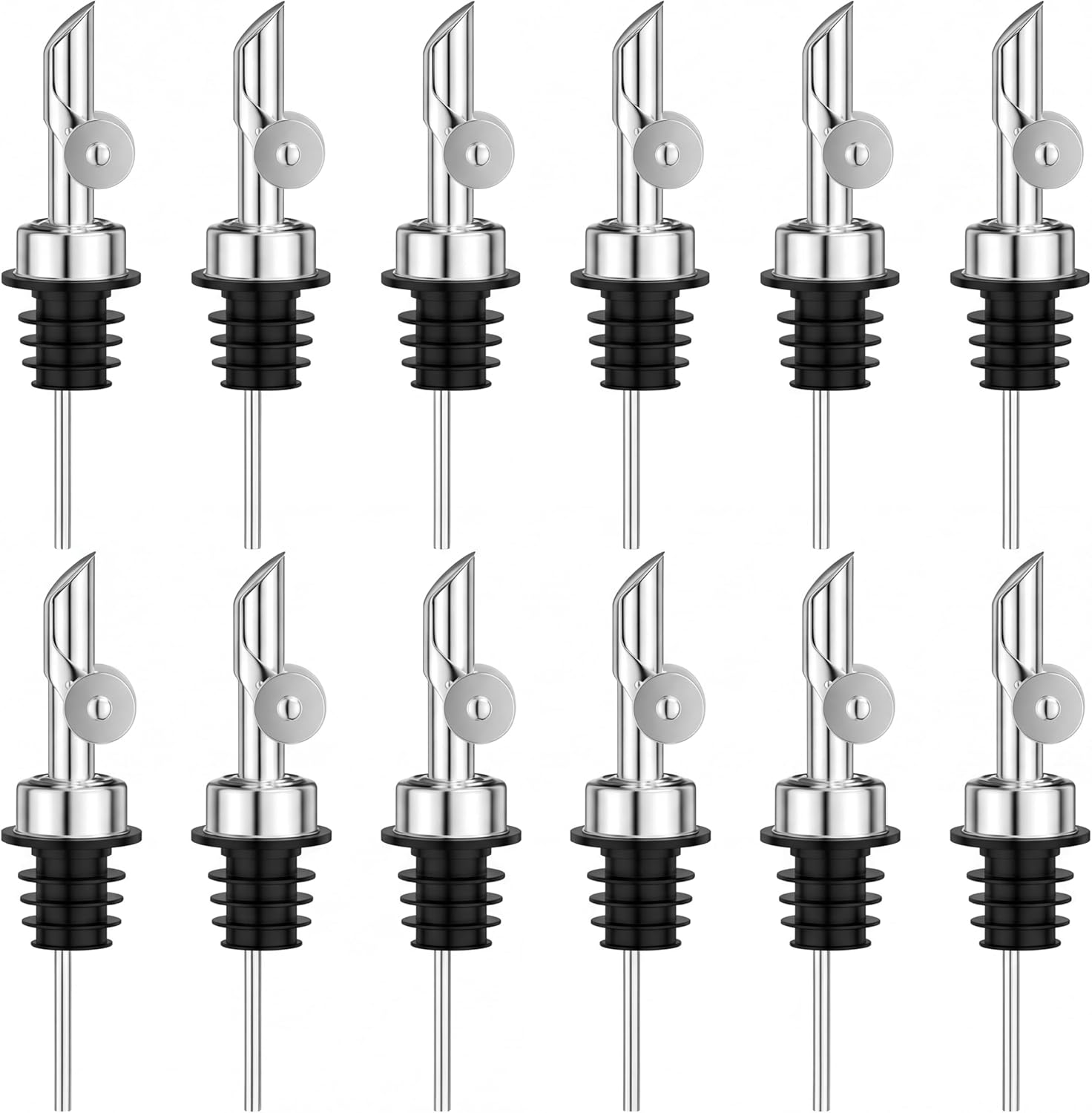 Auto Flip Liquor Pour Spouts 12-Pack, Leak-Proof 304 Stainless Steel Wine Pourer & Olive Oil Dispenser with Food-Grade Silicone for Kitchen, Bar, Restaurant (Silver)