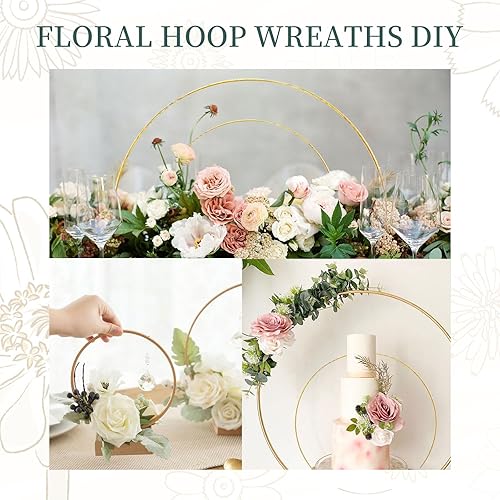 Miniatura 6 de Paquete de 12 centros de mesa de aro floral de metal de 8 y 12 pulgadas para mesa, anillo de corona de metal dorado con 6 soportes para tarjetas de