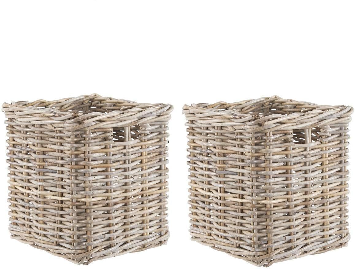 Square Rattan Storage Basket, SET OF TWO Grey and Buff Wicker Cube, Shelf Home Organisation