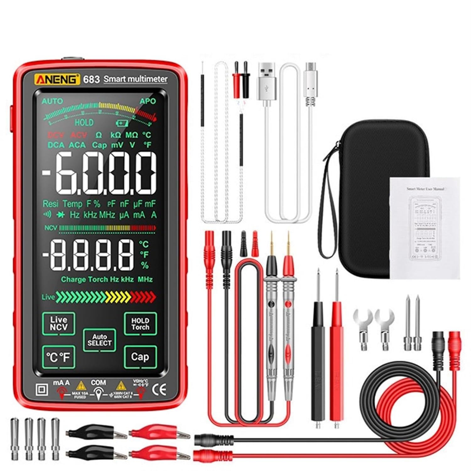 683 6000 Count Smart Touch Screen Multimeter Rechargeable Ammeter AC/DC Voltage Current Tester NCV Diode Electrician Tool(683 Black)