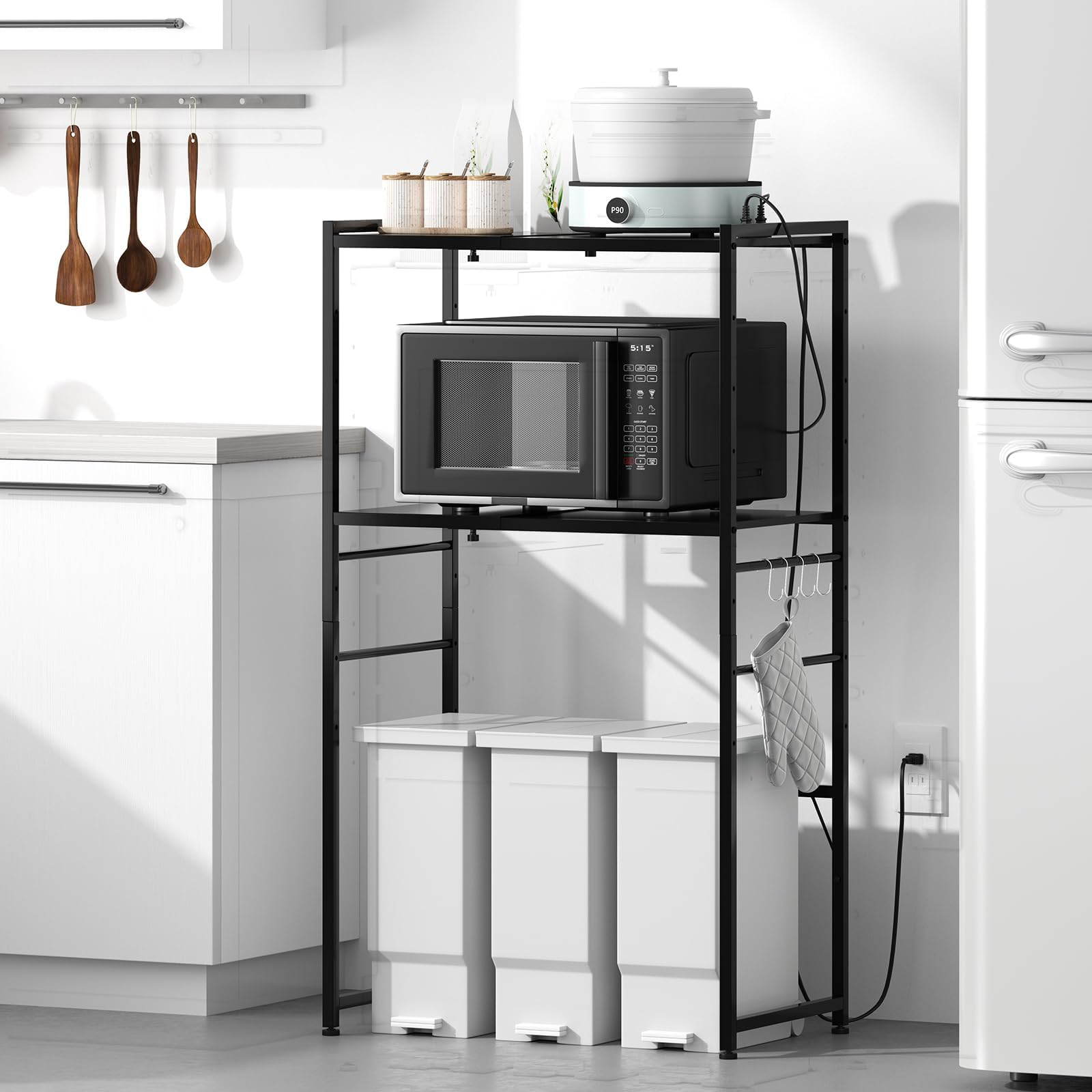 Kitchen Baker Rack Range Board with 2 Outlets and S-Hooks Width 23.8-31.5 inches (60.5-80 cm) Depth 16.5 inches (42 cm) Height 51.2 inches (129.5 cm) Two Colors Black and White Epoxy Coated