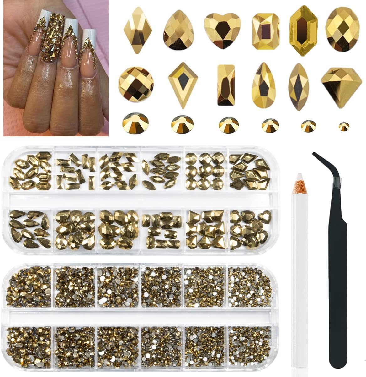 2630Pcs Mine Golden Nail Rhinestones 120 Multi Shapes Crystal Flatback Rhinestones Gems +2510 Metallic Gold Round Beads K9 Glass Stones Diamonds jewels w Wax Pen for Nails Faces Eyes Makeup DIY Crafts