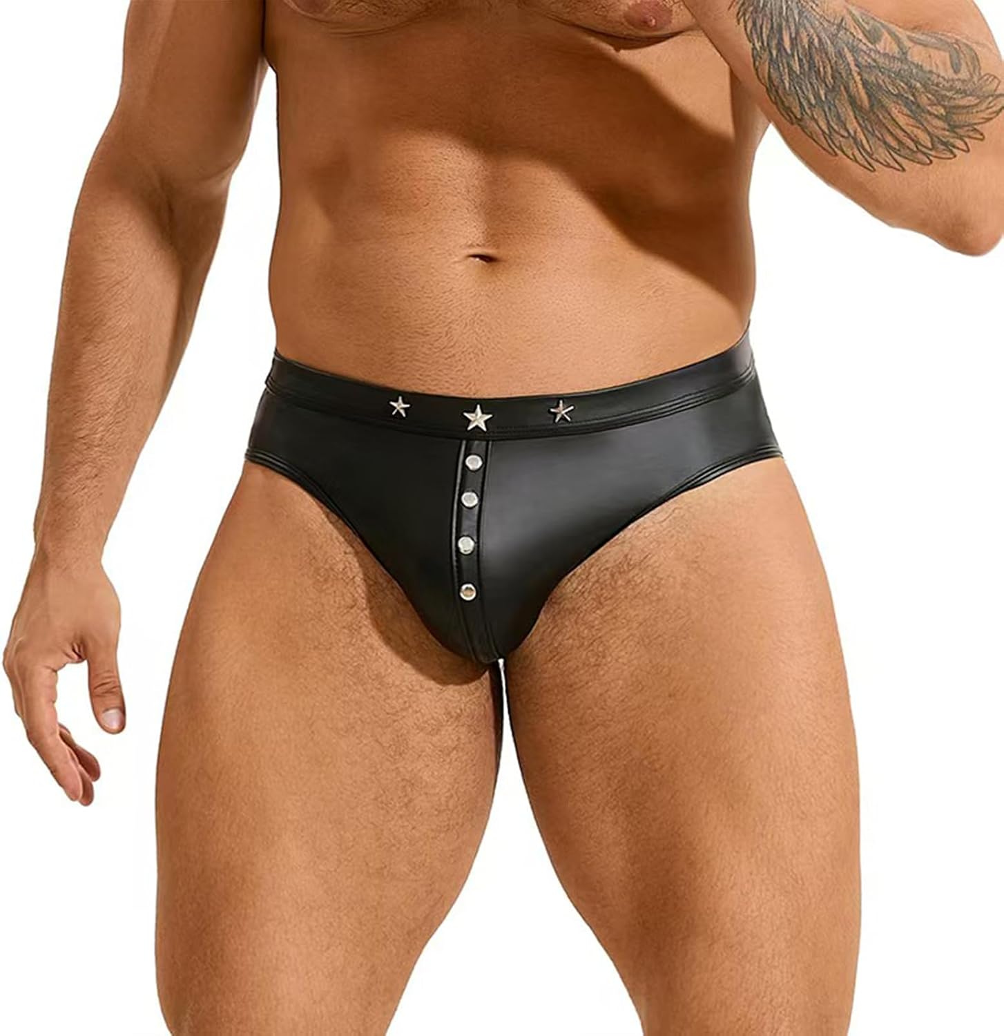 Men's Faux Leather Underwear Low Rise Brief Sexy Gay Lingerie for Men Shorts with Punk Rivet Briefs