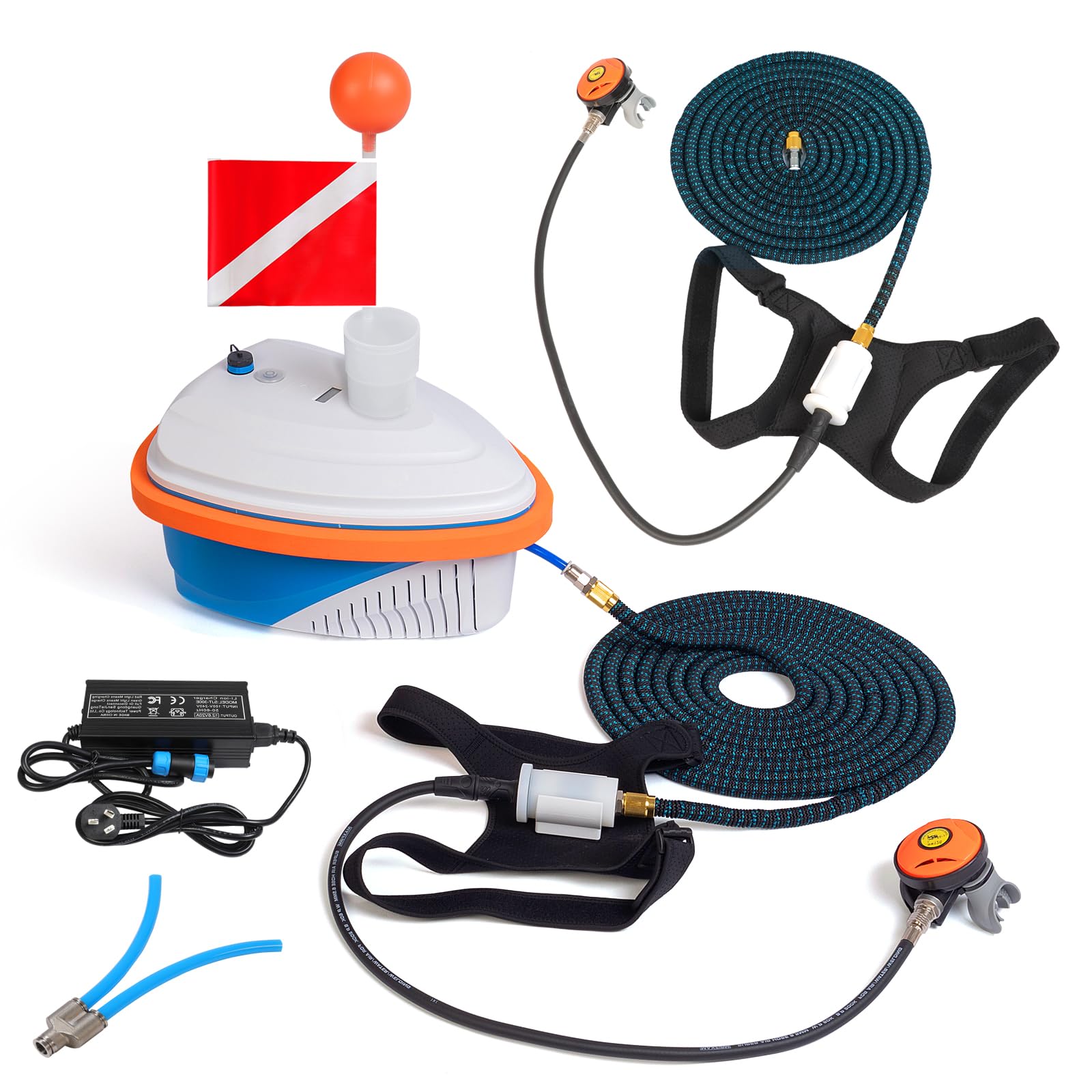 Sistema de Buceo a Batería para 2 Buceadores, Ventilador de Buceo Recargable con 2 Mangueras de 18 m y Reguladores, Sistema de Buceo Sin Tanque con 7-10 Horas de Autonomía
