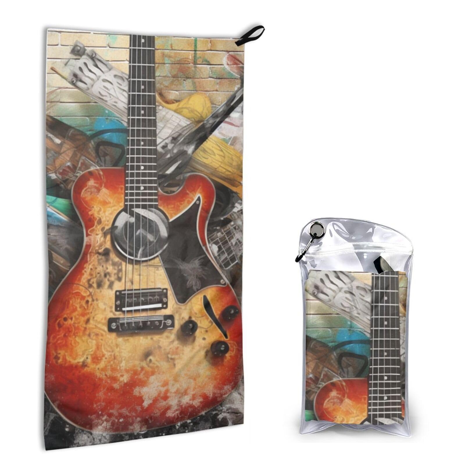 BWWHCCTI Quick Dry Hand Towel With Bag - Guitar Painting Printed Super Absorbent Face Cloth Microfiber Travel Sports Towels 40x80cm
