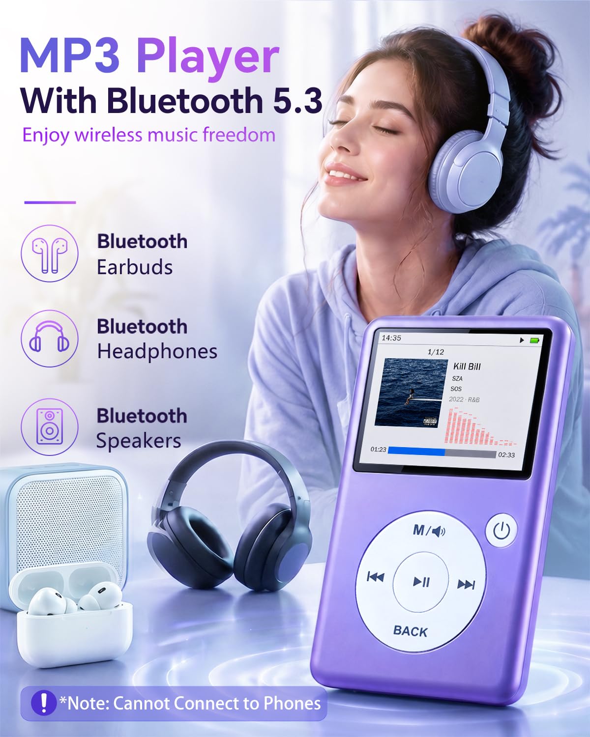 Lecteur MP3 Bluetooth 5.3 avec E-Book, FM et Commande Tactile, Vidéo
