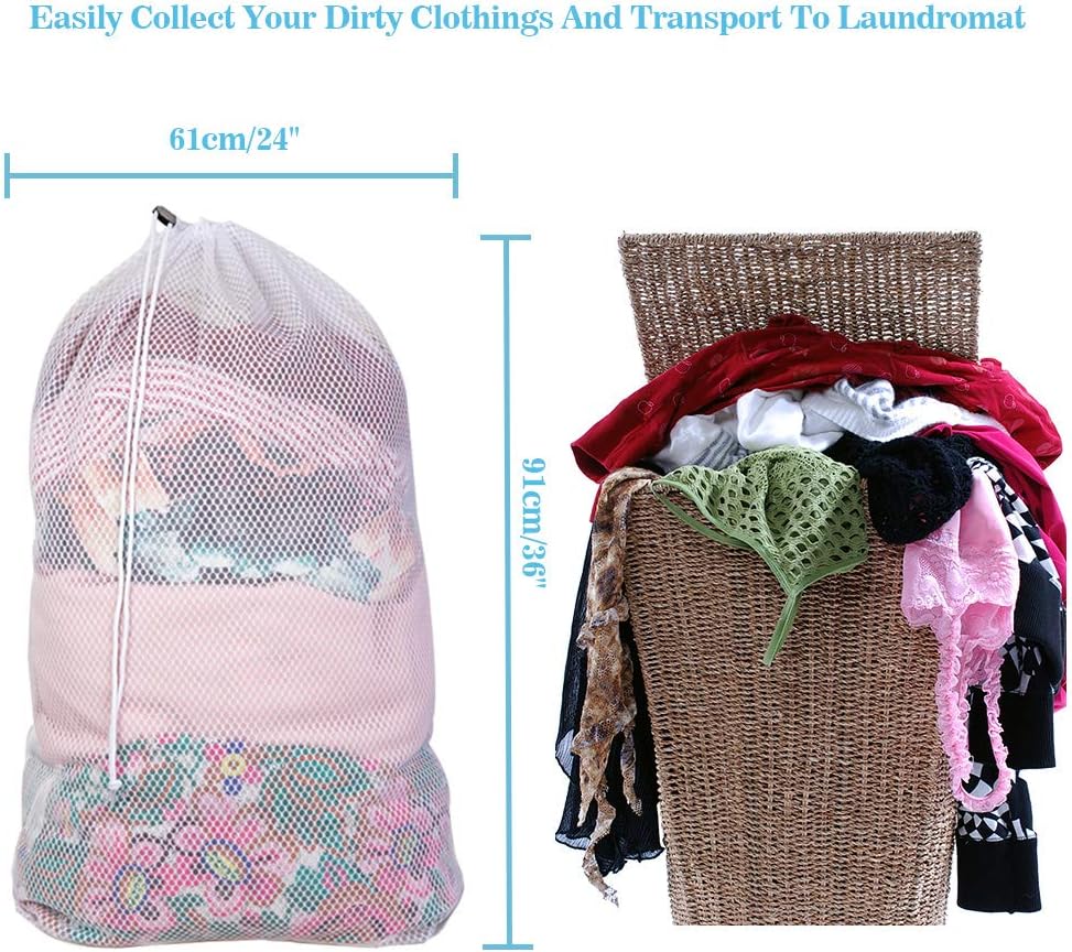 Commercial Large Mesh Laundry Bag (2 Mesh Available), Wanapure 2 Pack Heavy Duty Drawstring Bag with Cord lock and White Sturdy Thicker Mesh Material for Factories, College, Dorm, Storage (24''x 36'')
