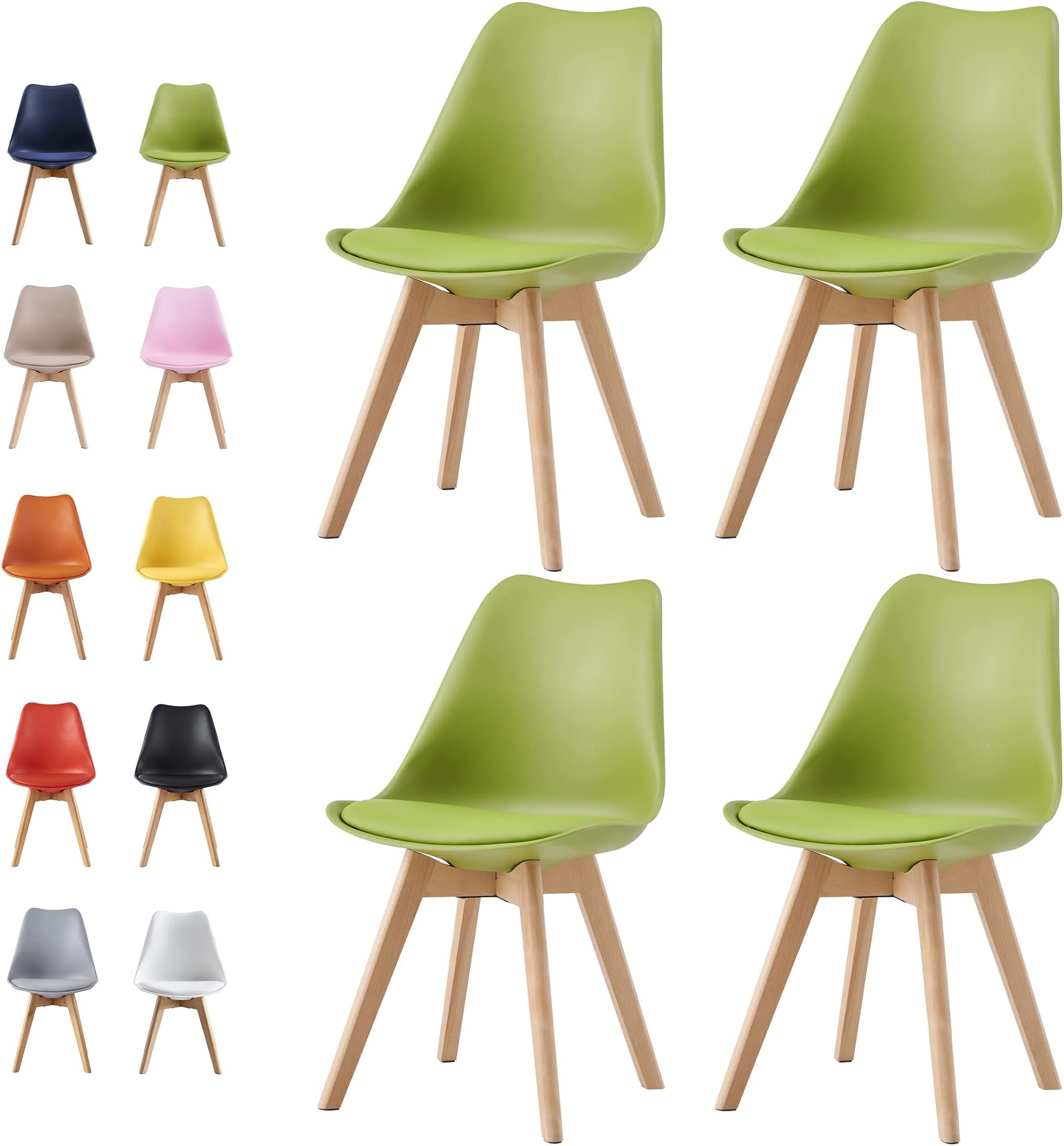 mcc direct Set of 4 Dining Chairs Wooden Legs Soft Cushion Pad Stylish DELUXE Retro Lounge Dining Office EVA (Green)