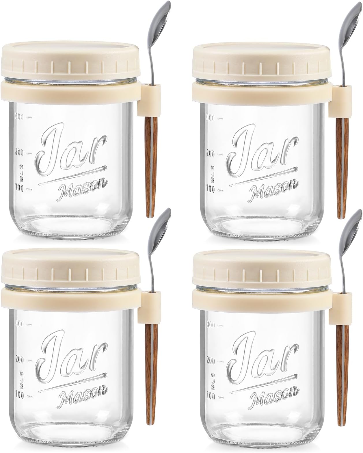 LANDNEOO 4 Pack Overnight Oats Containers with Lids and Spoons, 16 oz Glass Mason Jars with Airtight Lids, Overnight Oats Jars for Milk, Cereal, Fruit-Beige