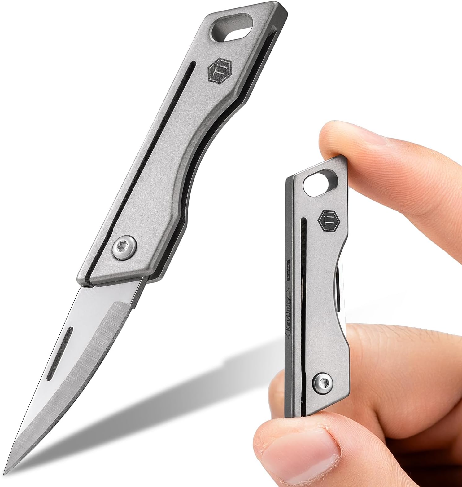 KeyUnity KK06 Mini EDC Pocket Knife, Small Titanium Folding Knife with Built-in Keychain Hole for Everyday Carry(Grey)