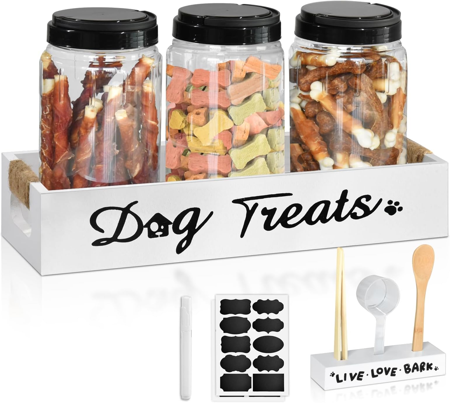Dog Treat Container, Double Dog Food Storage Container with 2 Treat Jars, 2 Scoops