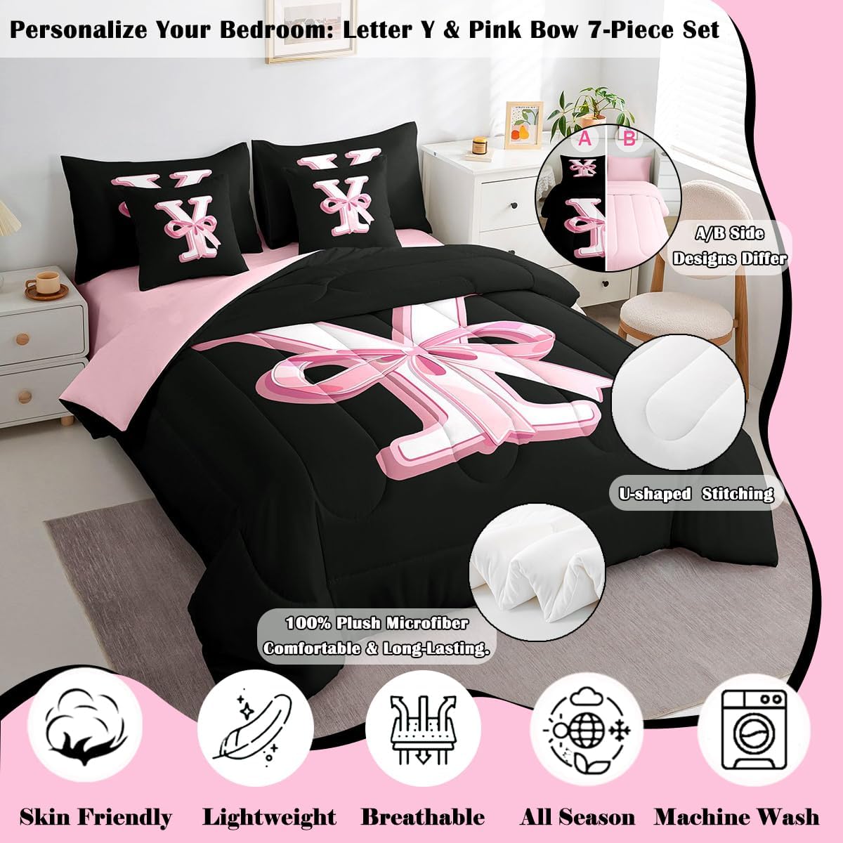 jejeloiu Kawaii Pink Bow Queen 7 Piece Comforter Set with Sheets for Girl image 2