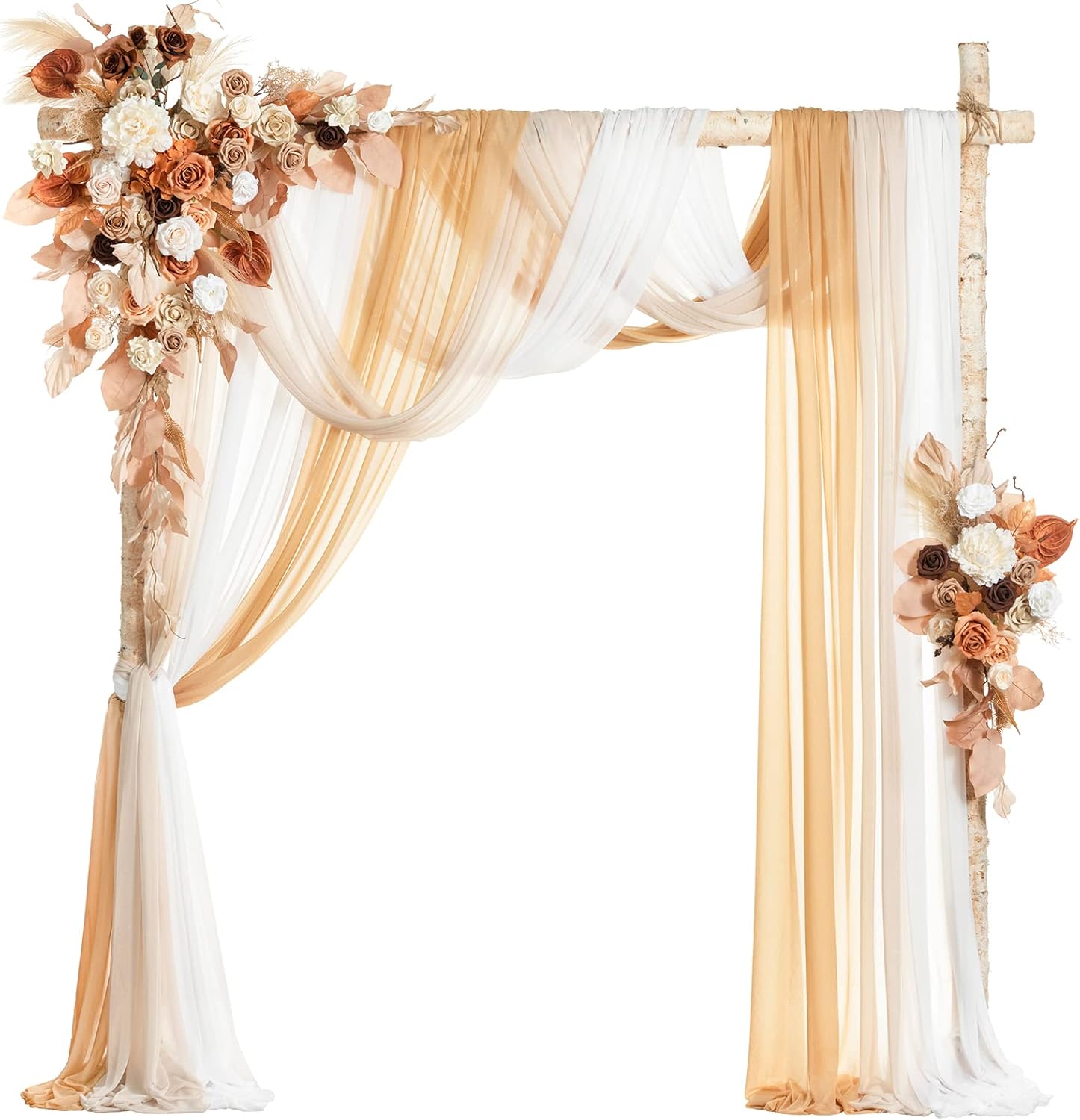 Ling's Moment Fall Wedding Arch Flowers with Sheer Drapes Kit - Artificial Rust Boho Floral Arrangements for Ceremony Backdrop, Arbor Decor, Orabge 5-Piece Set (2 Flower Stems + 3 Hanging Drapes)