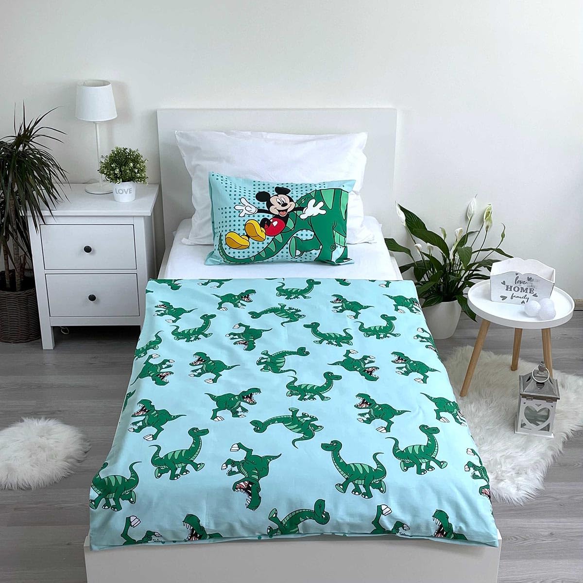 Lenzuola Dinosauro lettino verde - Biancheria da letto per bambini dinosauro Disney con Topolino - Lenzuolo reversibile dinosauro per culla - Completo letto Topolino misura 100 x 135 cm, 40 x 60 cm