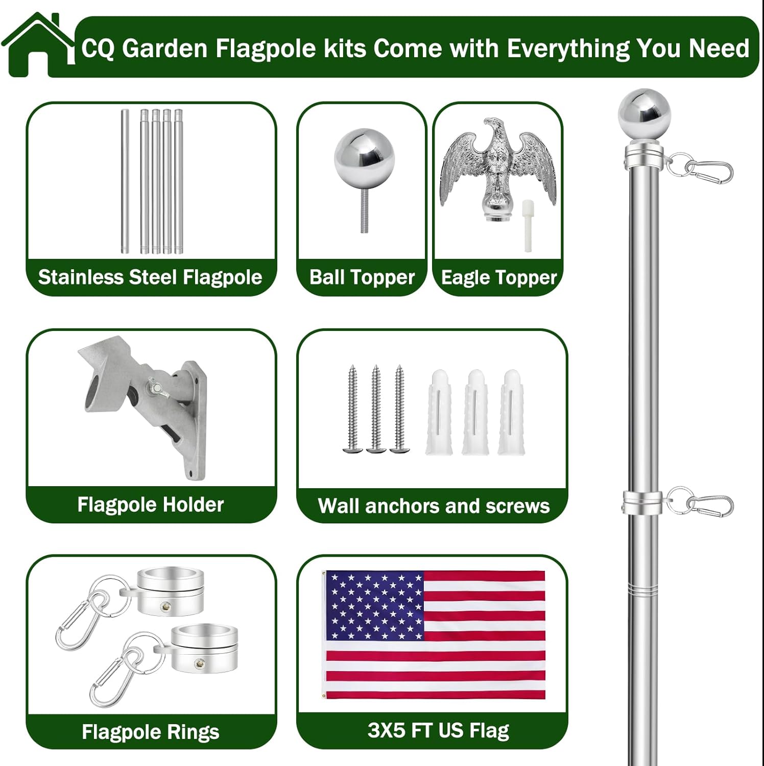 6FT Flag Pole Kit, 1 1/4 Inch (1.25”) Large Diameter Stainless Steel Flag Pole for Outside House, Outdoor Flagpole with Holder, Embroidered US Flag (Silver)