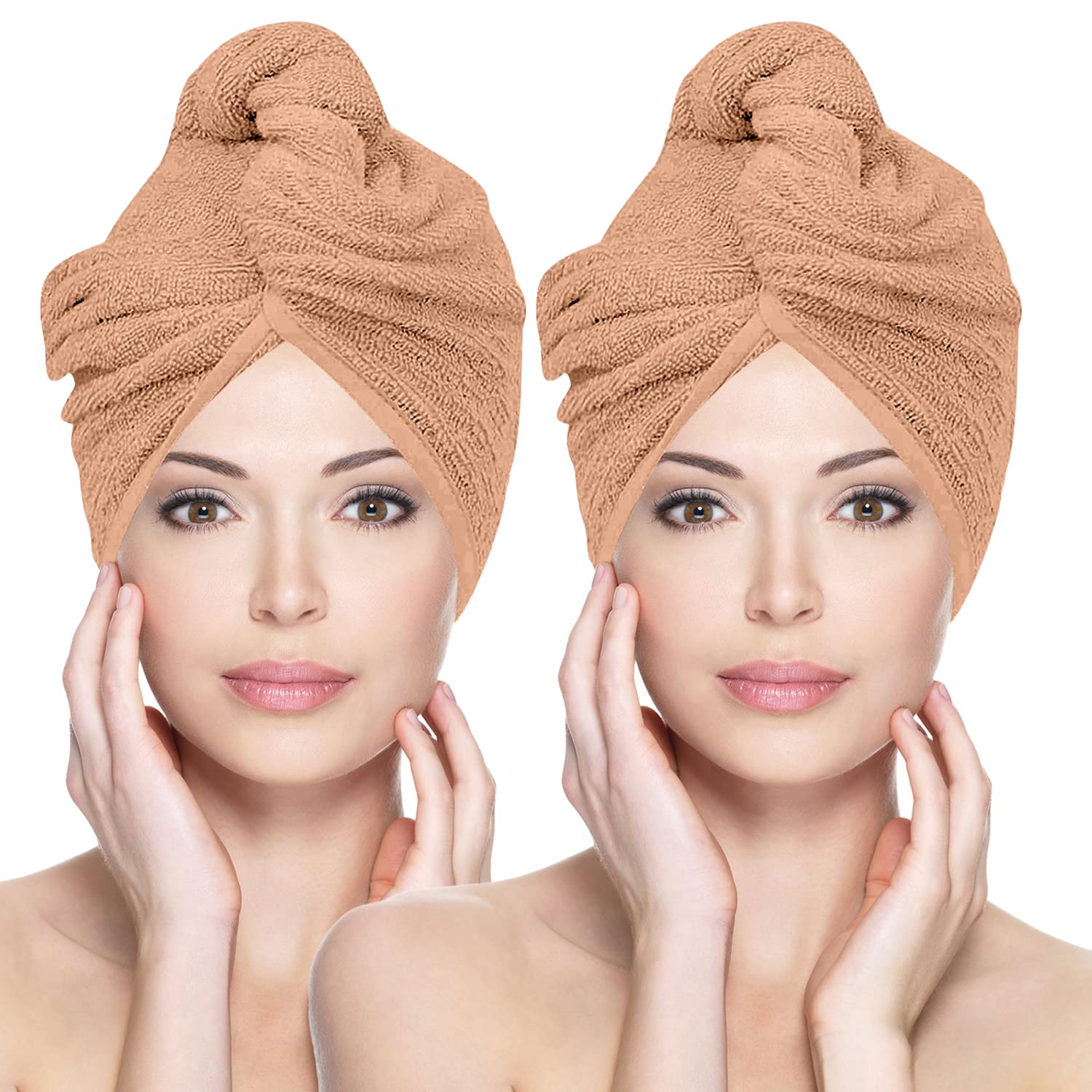 Glamza 2 Pack (Large) - Nude Microfibre Hair Towel Wrap Super Absorbing Twist Turban Hair Wrap With Buttons For Fast Drying Hair (2 Pack (Large) - Nude)