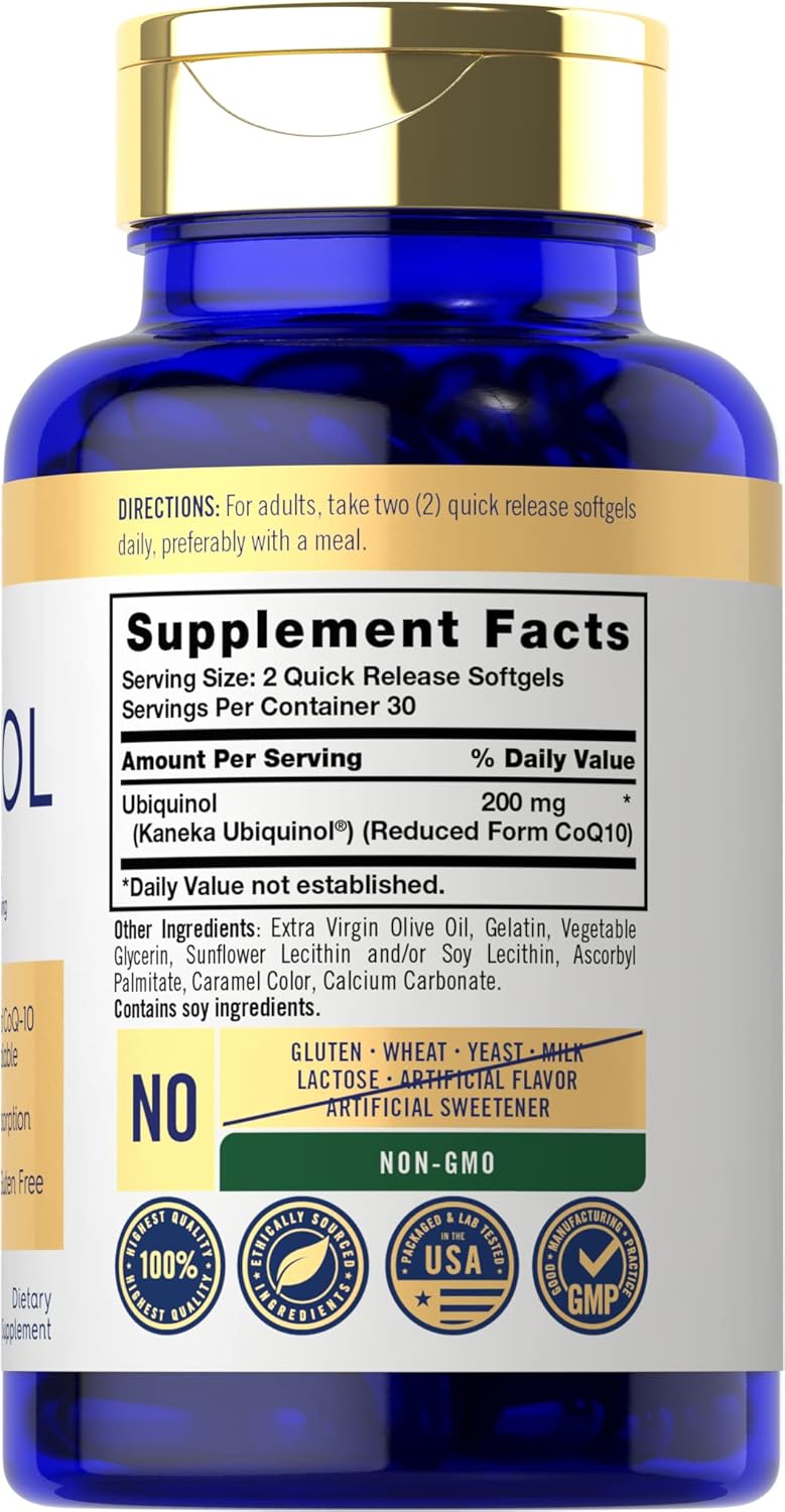 Carlyle Ubiquinol 200mg | 60 Softgels | High Absorption | Active Form of CoQ10 | Non-GMO, Gluten Free Supplement