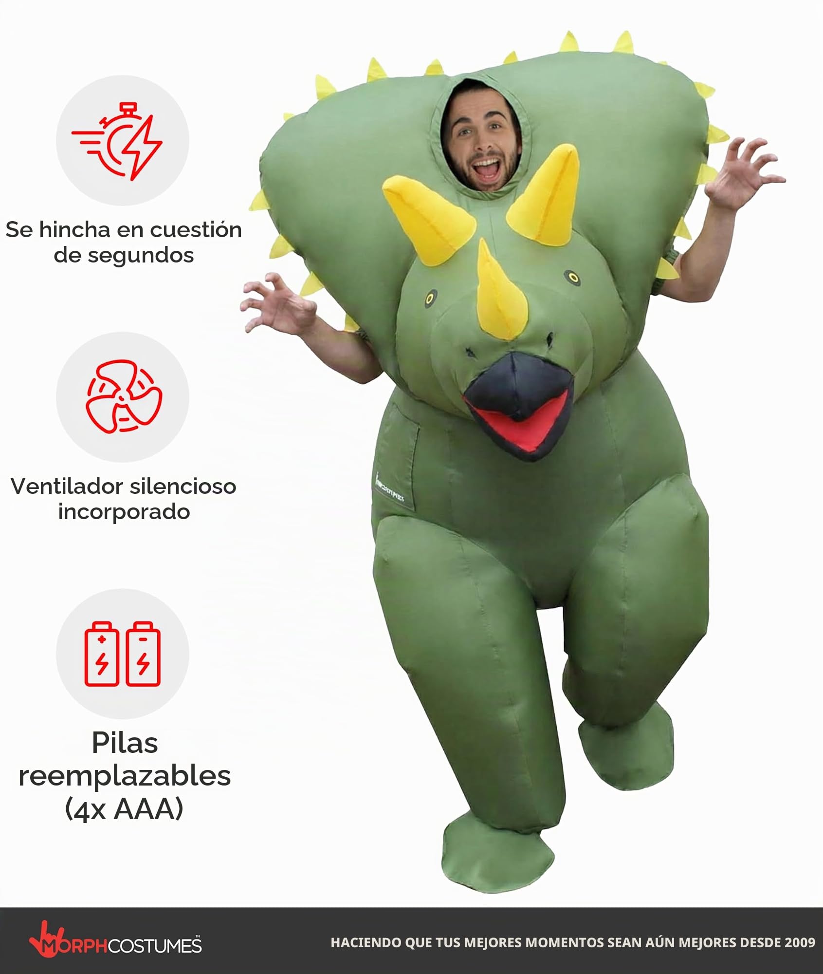 Morph Disfraz Triceratops Adulto, Disfraz Hinchable Halloween Adulto | Mono Verde con Ventilador, Diseño de Triceratops, Se Infla en Segundos, Perfecto para Halloween, Siempre un Éxito